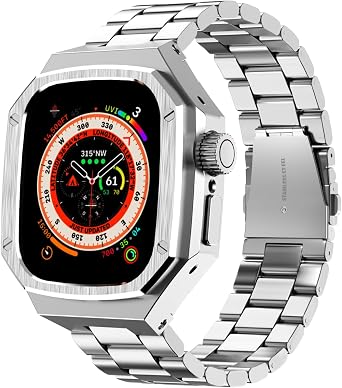 Luxury Aluminum Case with Stainless Steel Band for Apple Watch Ultra 4/3/2/1 Titanium 49mm, Rugged Metal Military Protective Cover Protector, Tactical Heavy Duty Protection for Men iWatch, Silver