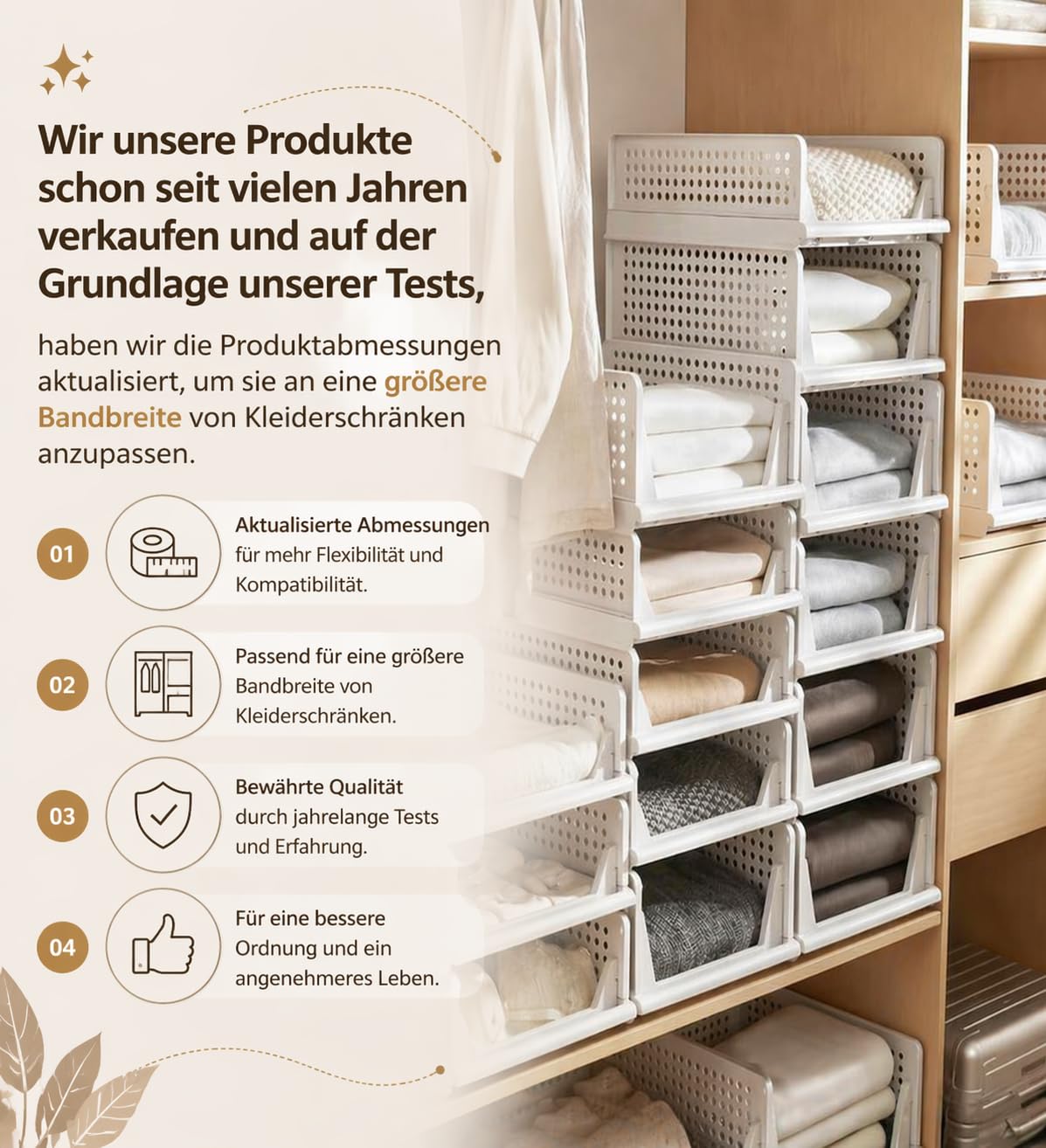 RMAN Zestaw 4 organizery do szafy na ubrania składane organizery na ubrania do sypialni, garderoby, 43 x 33 x 72 cm, białe | szuflady, organizery szafy, pudełka do przechowywania, kuchnia, łazienka