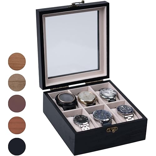 Watch Box, Watch Case for Men Women with Large Glass Lid, Wooden Watch Display Storage Box with 6 - Slots, Charcoal Black 6x2 Mens Watch Box Organizer
