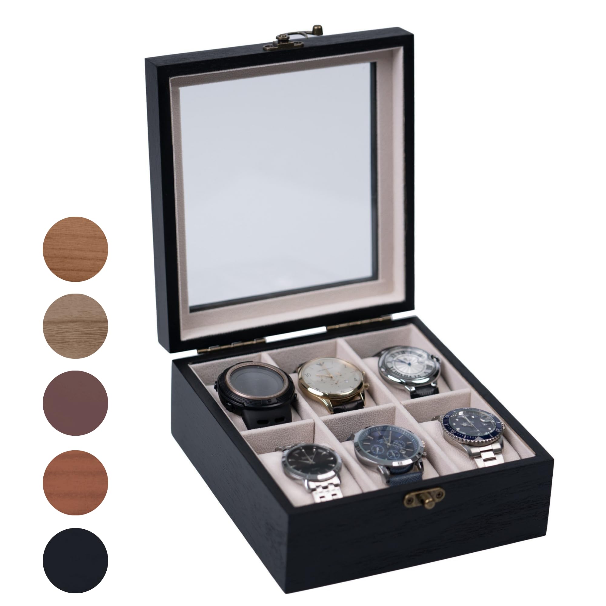 Watch Box, Watch Case for Men Women with Large Glass Lid, Wooden Watch Display Storage Box with 6 - Slots, Charcoal Black 6x2 Mens Watch Box Organizer