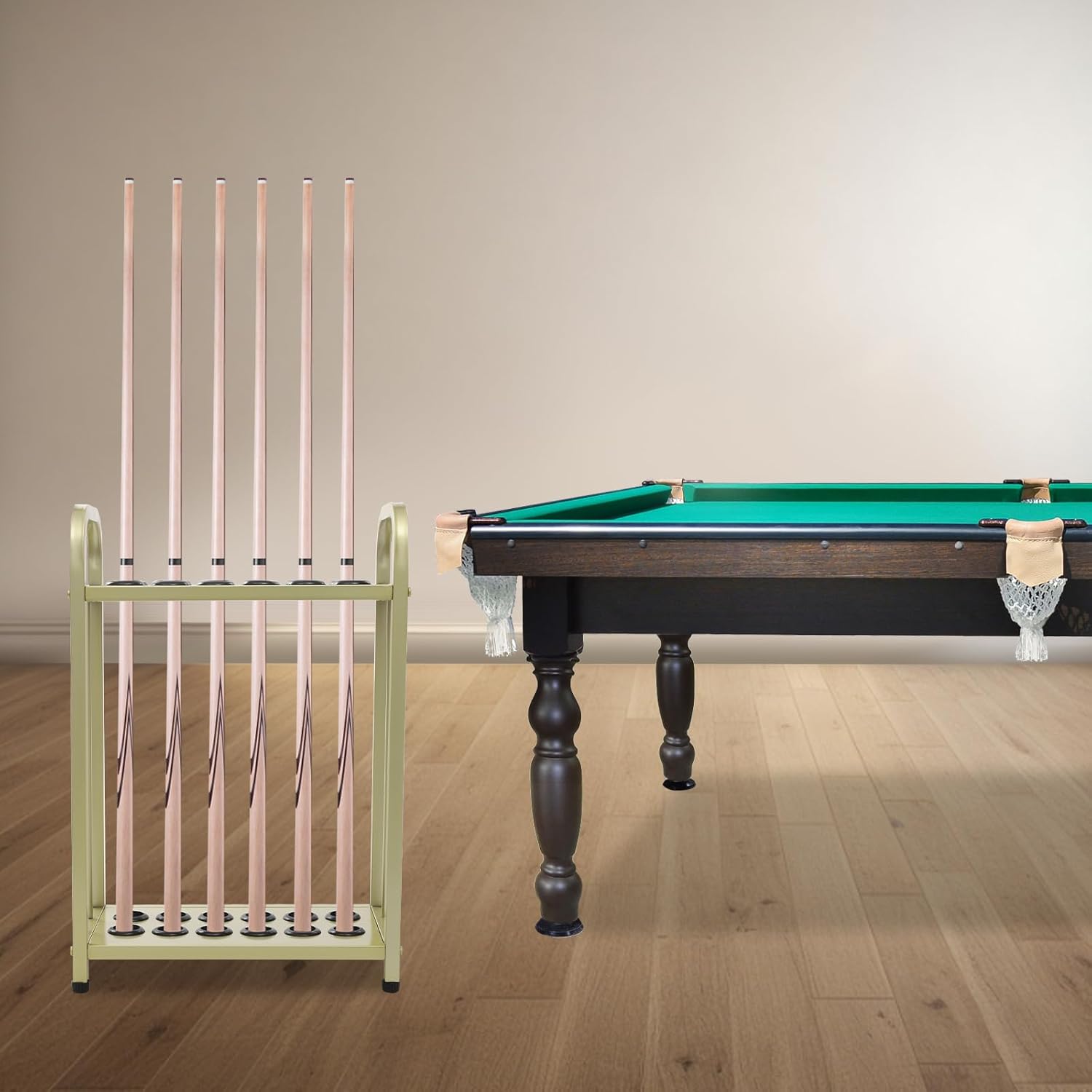 Pool Stick Holder, Pool Table Accessories Stand, Billiards Cue Racks, Floor Stand Pool Cue Rack, Pool Cue Rack Floor Stand, Pool Stick Holder, Pool Cue Holder, for Billiard Game Room (Gold 12-Hole)