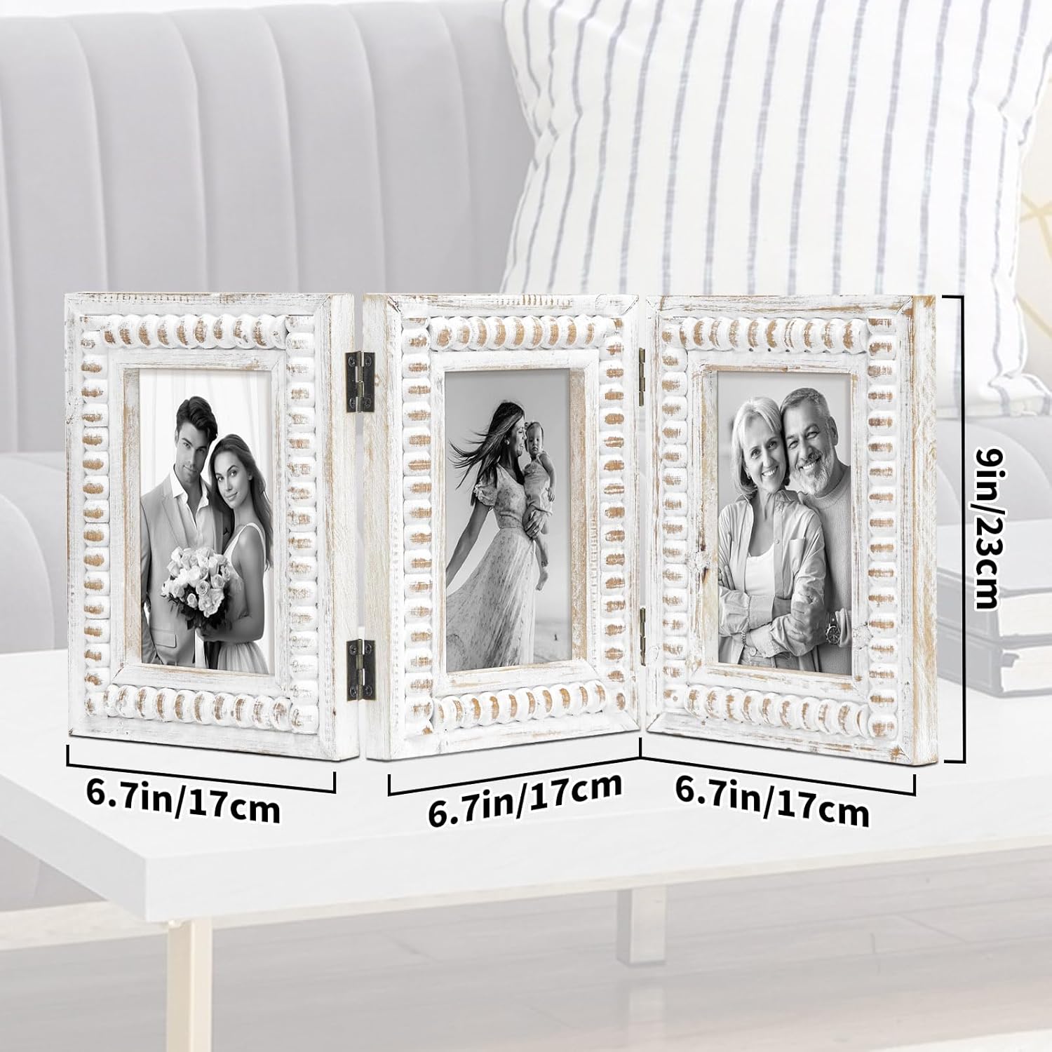 Triple 4x6 Picture Frame, 3 Folding Whitewashed Farmhouse Photo Frame Collage for Tabletop Display, Horizontal 3 Picture Frame 4x6 for Family Memories
