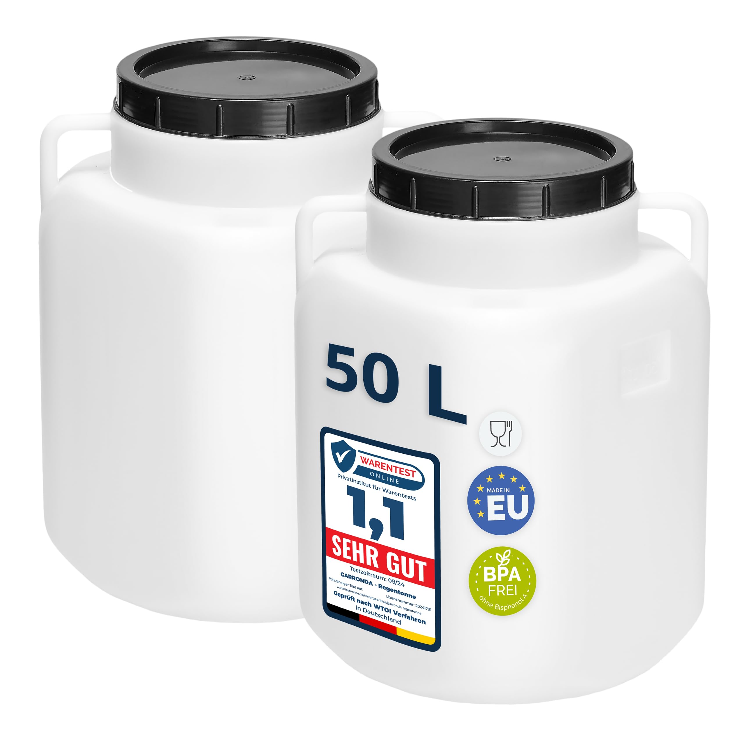 Garronda Set 2X 50 Liter BPA-freies quadratisches Fass und Futtertonne Weithalsfass Wassertank und Behälter mit Deckel für Sauerkraut sowie Surfass Pökelfass für Fleisch GD-0134 Weiß