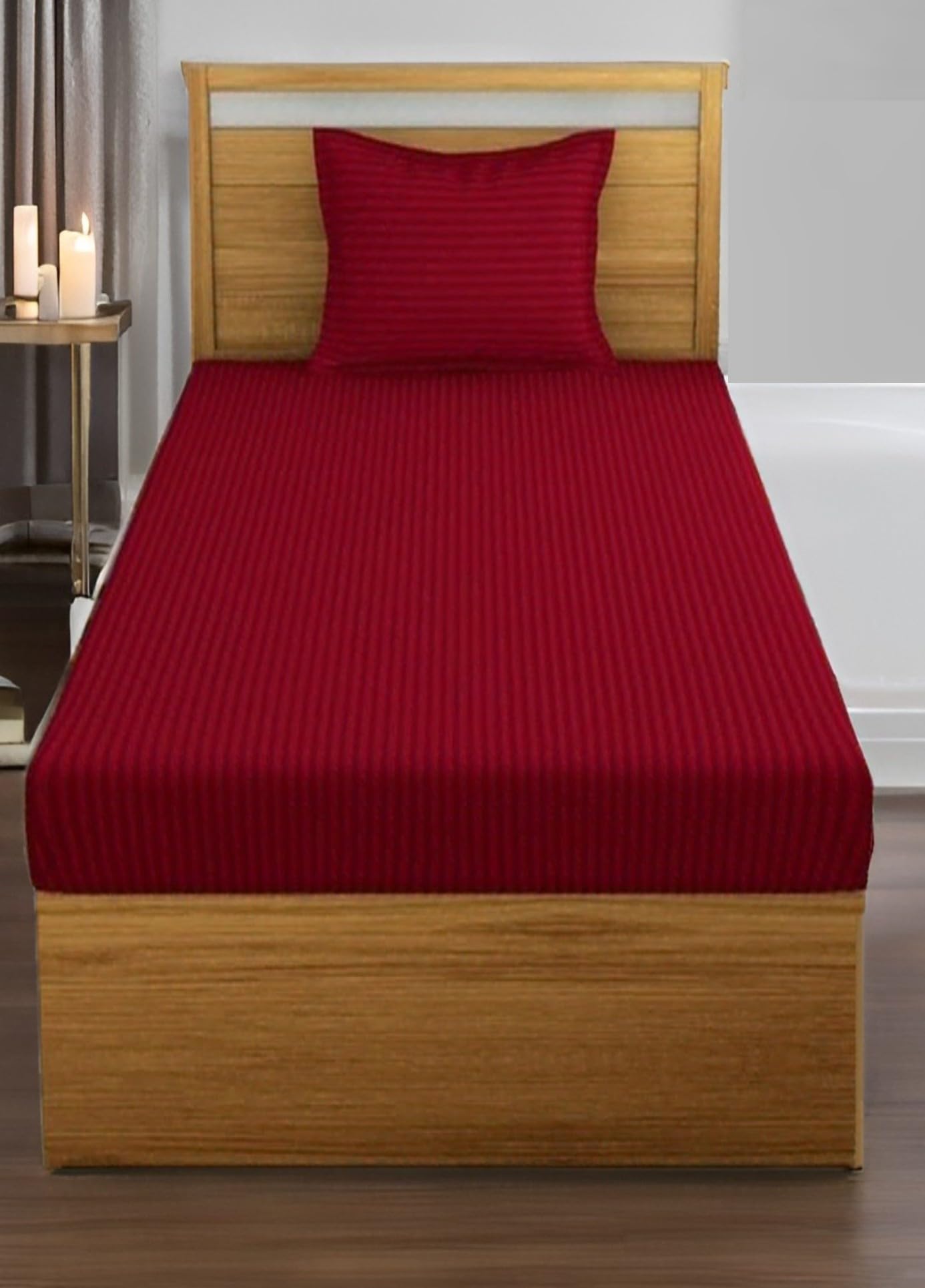 KISHORI FABS Maroon Satin Striped Bedsheet Single Bed (60x90) with Pilllow Cover (17x27)-image-36
