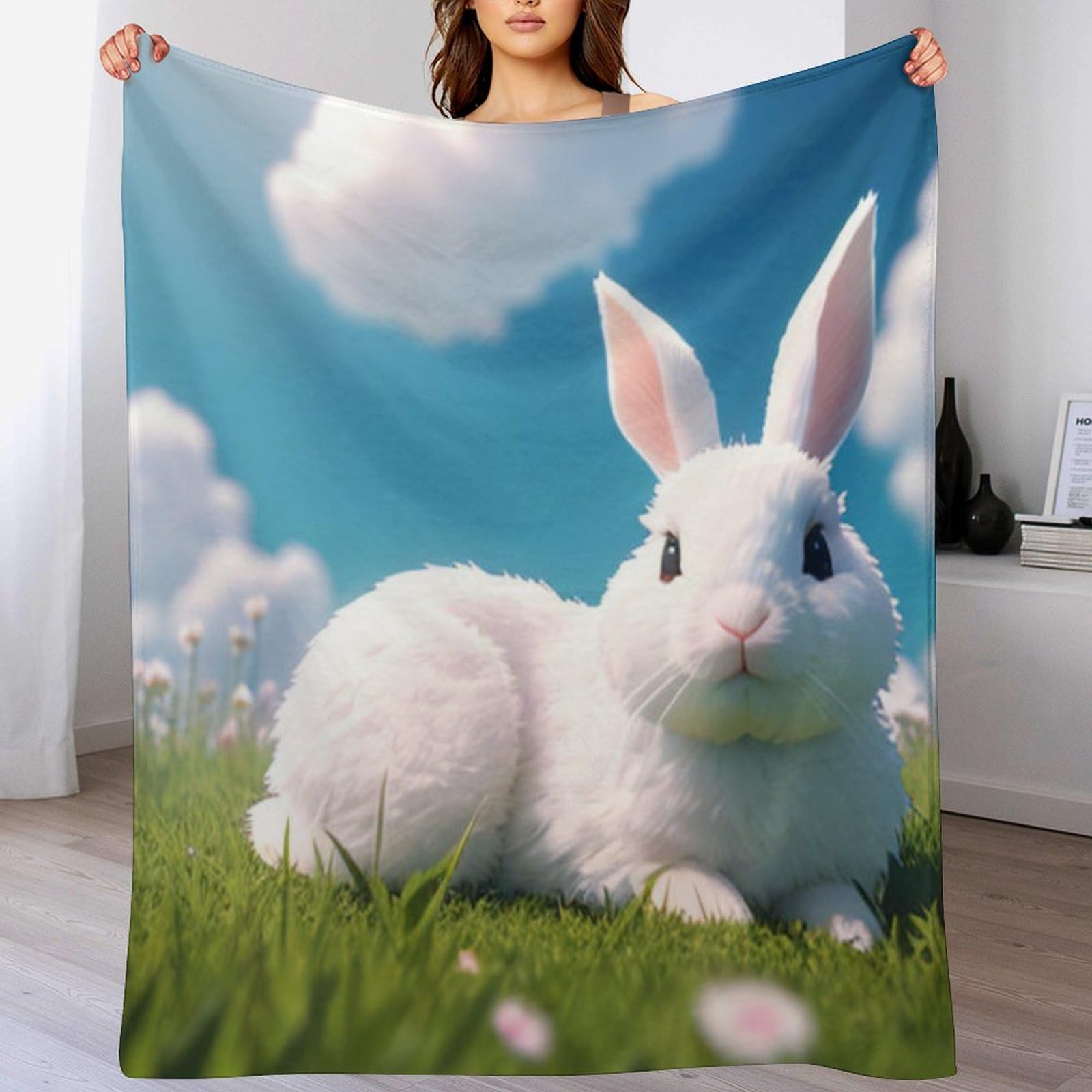 Couverture polaire en peluche ultra luxueuse motif lapin mignon pour sieste et poussette