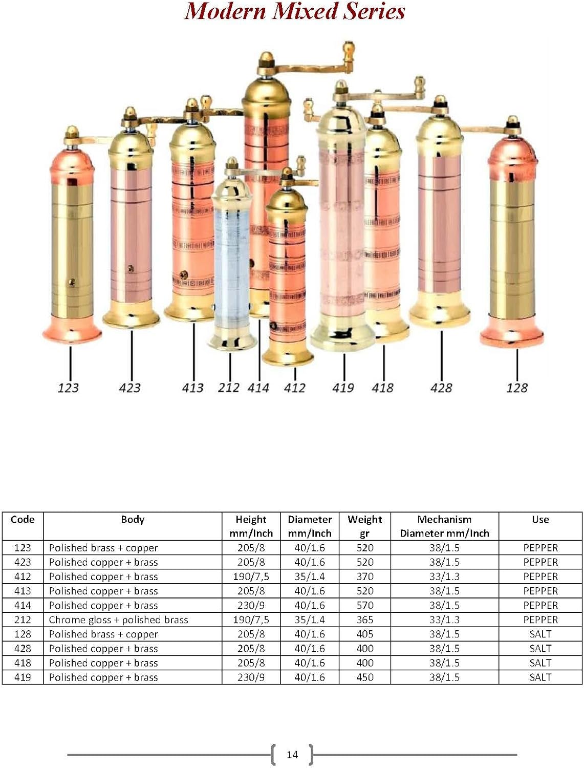 The European Authentic Genuine Greek 2-Piece set: Copper Brass Pepper Mill 7" / 7-inch & Copper Brass Salt Mill 8" / 8-inch Elegant- Absolutely Exquisite Luxury Kitchen Gift Shaker Grinder #412#418