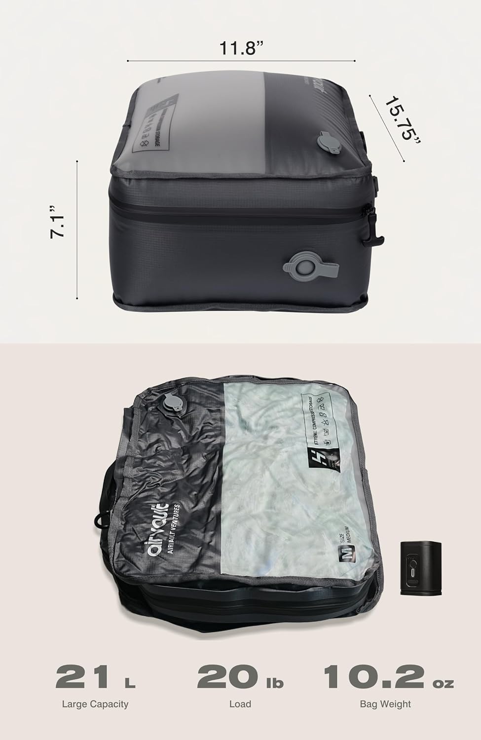 AirVault Reusable Vacuum Compression Travel Bag for Carry-On Suitcase and Backpack, Recycled IP67 Waterproof Space Saver Vacpack (21L Gray (3-Pack) (Air Pump Included) - Image 6