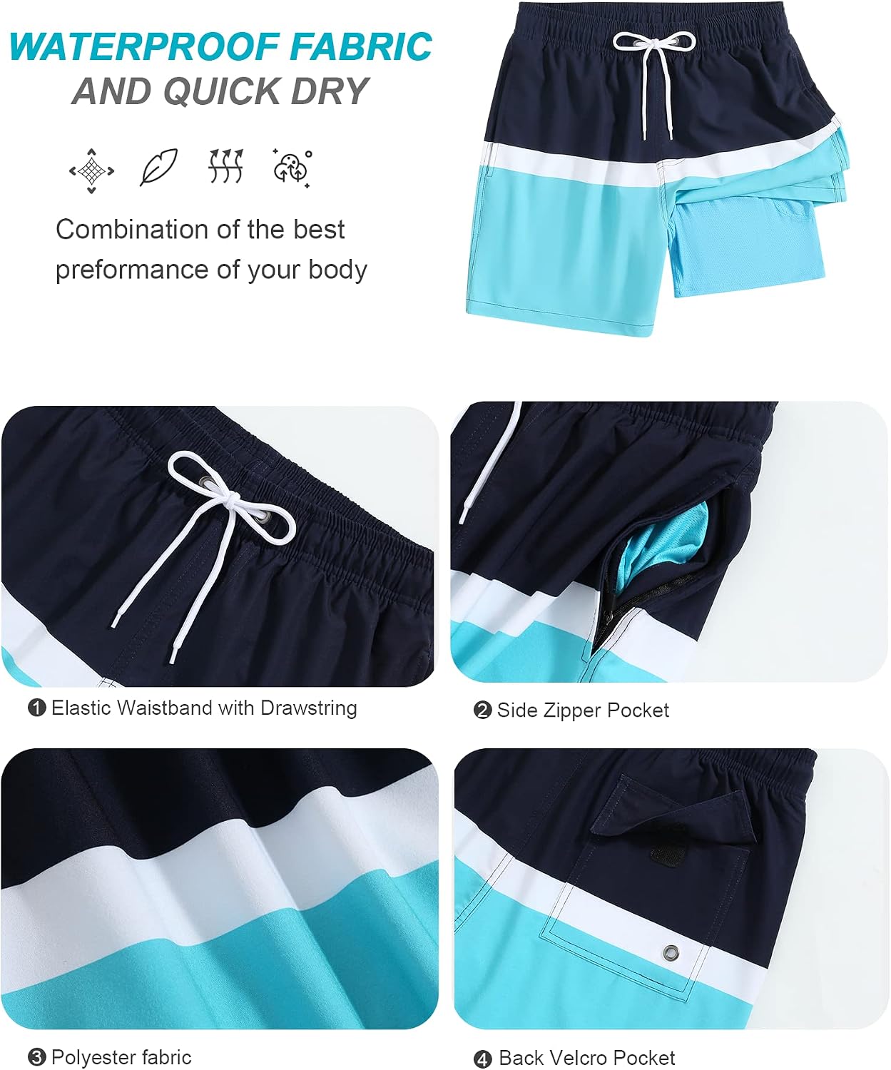SILKWORLD Mens Swimming Trunks with Compression Liner 2 in 1 Quick-Dry Swim Shorts with Zipper Pockets thumbnail