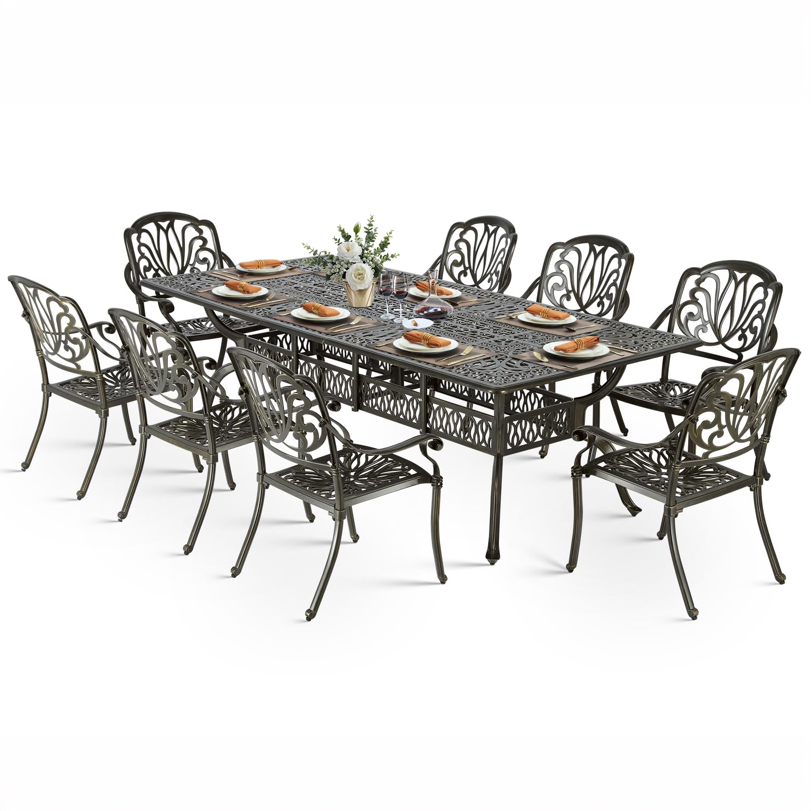 VIVIJASON9-Piece Outdoor Dining Set, All Weather Cast Aluminum Retro Patio Furniture Table and Chairs Set for 8, Include 94.5" Rectangular Table and 8 Chairs with Umbrella Hole for Balcony Garden