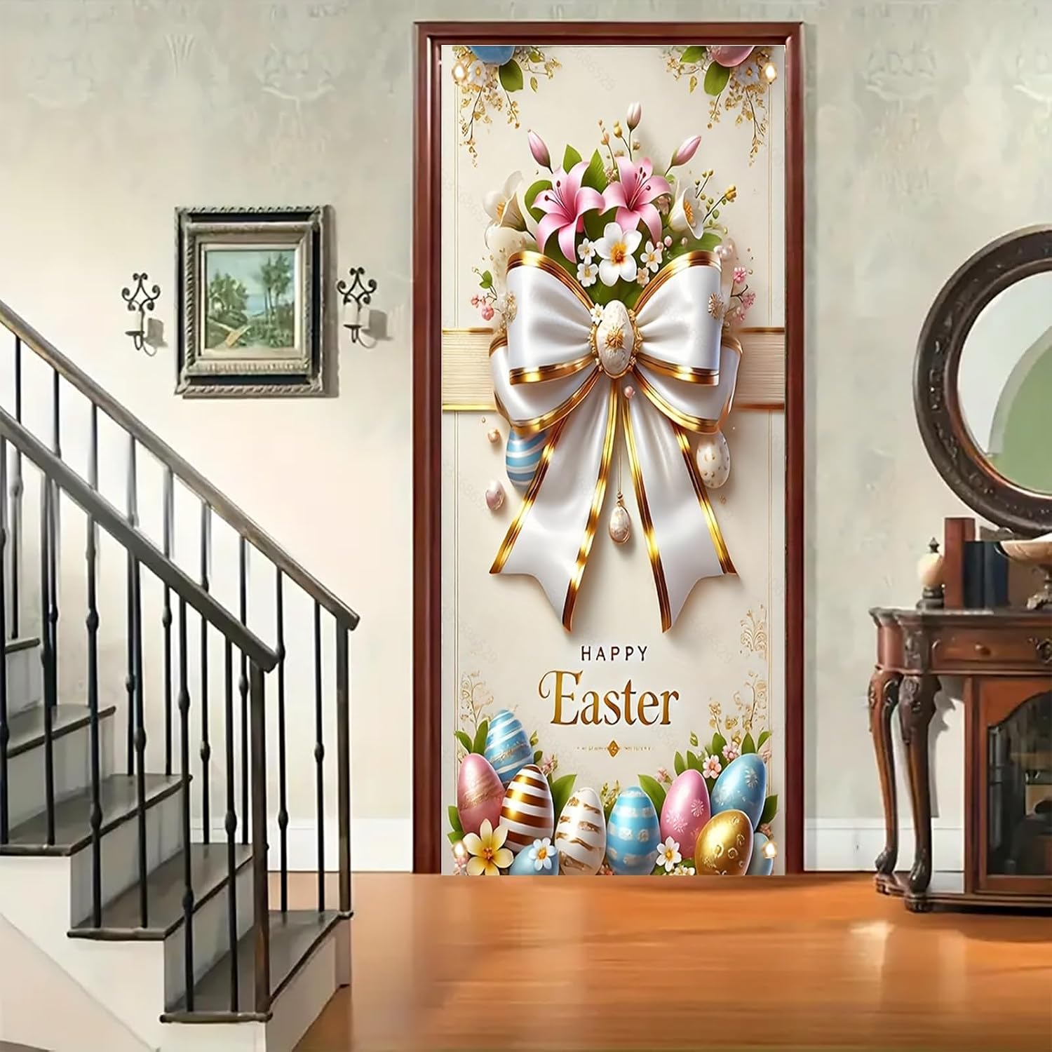 Elegant Easter Door Cover Banner 71 x 35 Inch White Bow and Floral Egg Decoration for Front Door Indoor Outdoor Spring Holiday Party Decor image 5