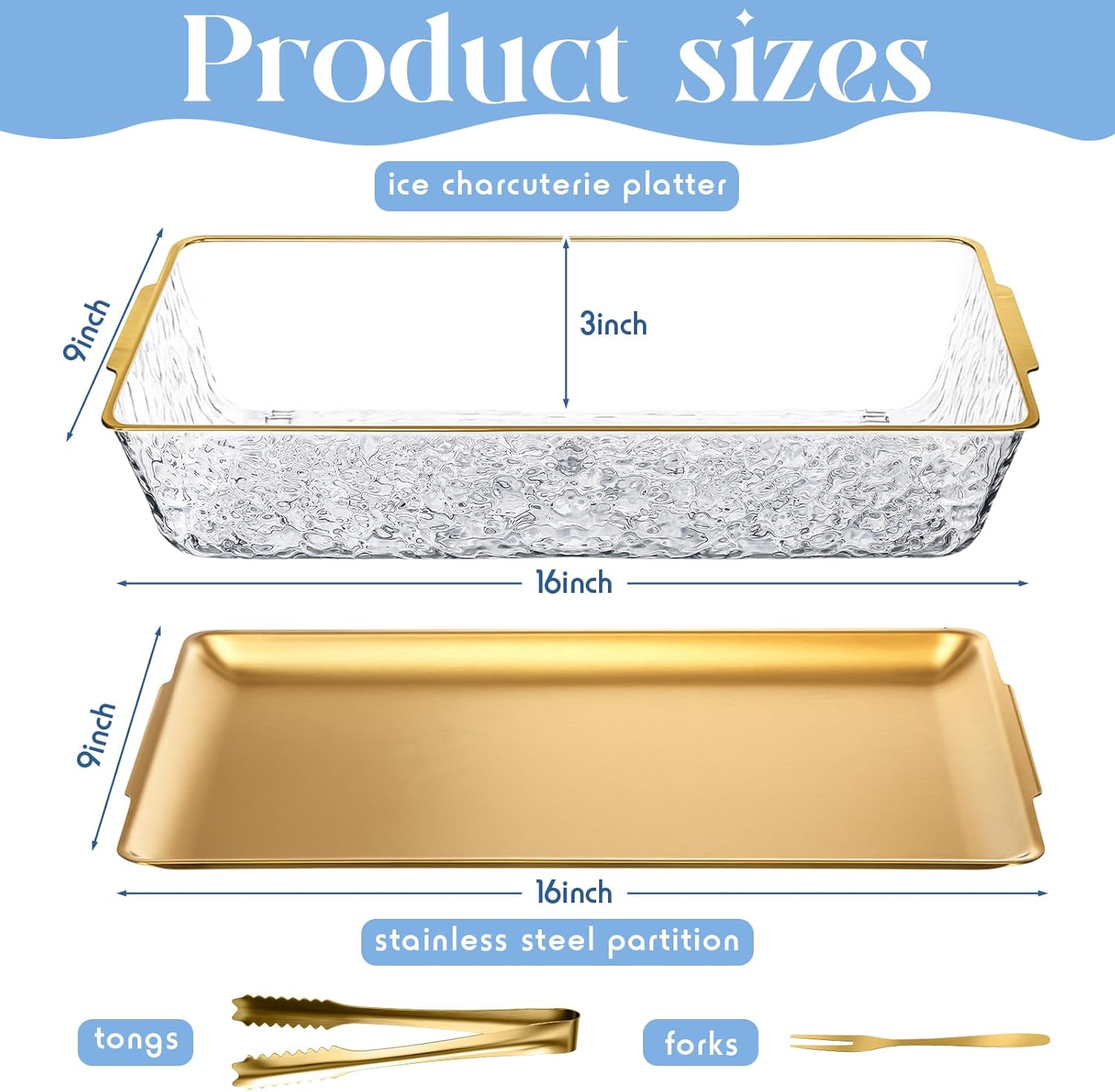 Baderke 2 Set 16 x 9.45 Chilled Serving Tray for Parties with Compartments Ice Chilled Party Platter Charcuterie Serving Board with Forks Tongs for Fruit Seafood Vegetable Appetizer (Gold)