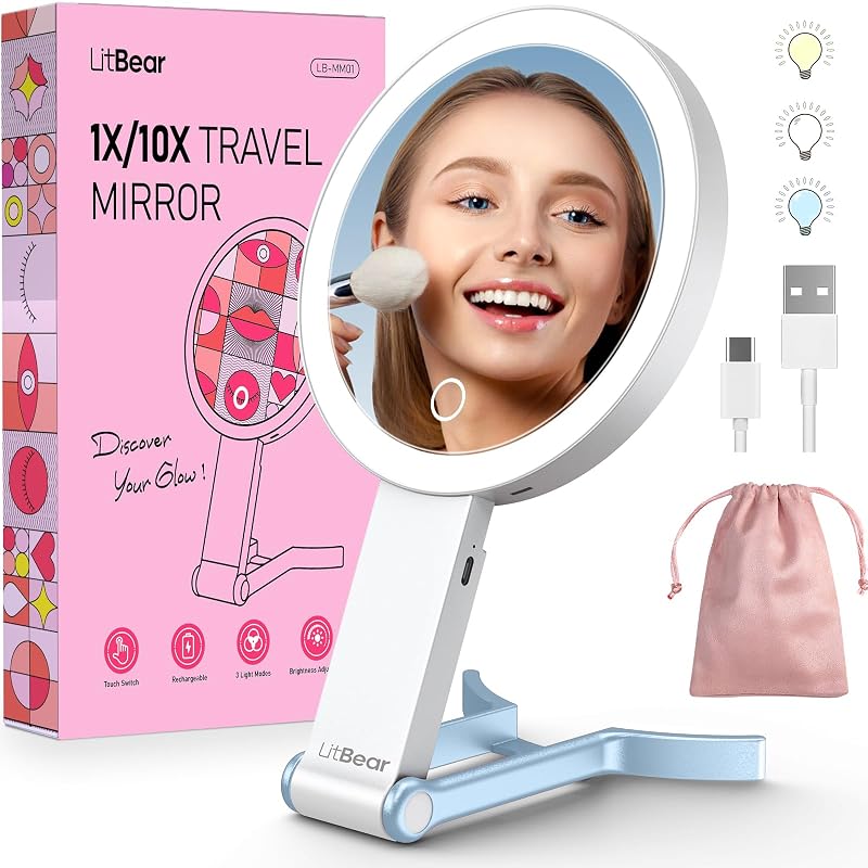 Espelho de maquiagem de viagem LitBear com iluminação, dupla face 10X/1X, 3 cores de luz, controle por toque e bateria recarregável, azul