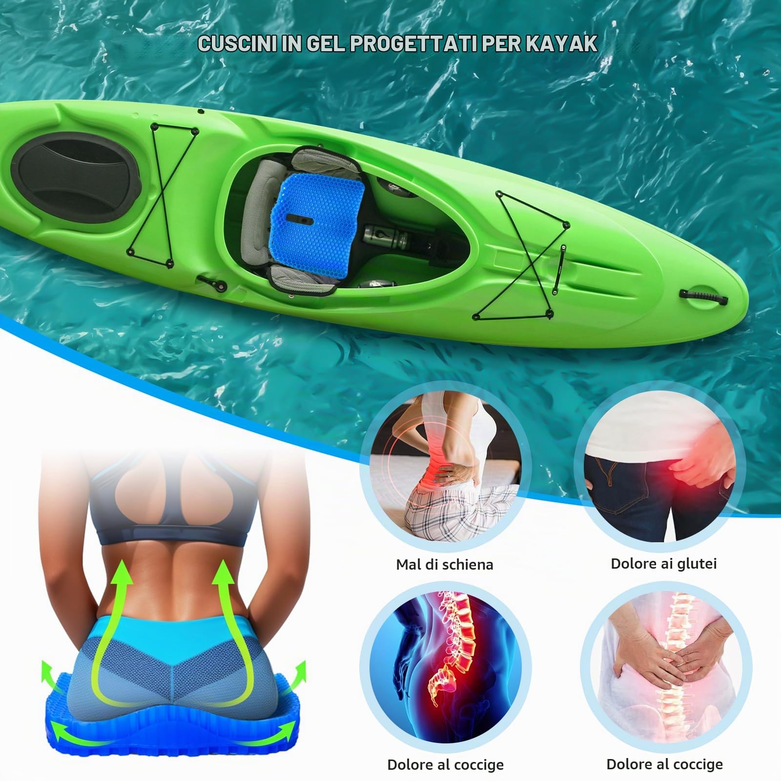 Cuscino per sedile kayak in gel spesso, grande, per kayak, barca a pagaia, sollievo dal dolore al coccige, sciatica, doppio spessore, per casa, auto, sedia a rotelle, sedia da ufficio (blu, L)