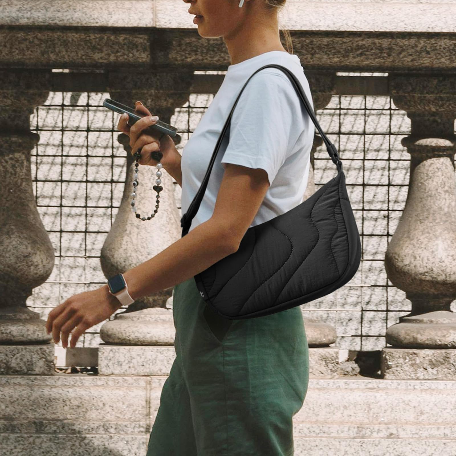 tomtoc 3,5-9L torba crossbody Sling Bag puffer kobiet, nylonowa moon ruffle | Modna torba z wygodnym paskiem na ramię, wewnetrzne przegrodki na telefon i codzienne akcesoria