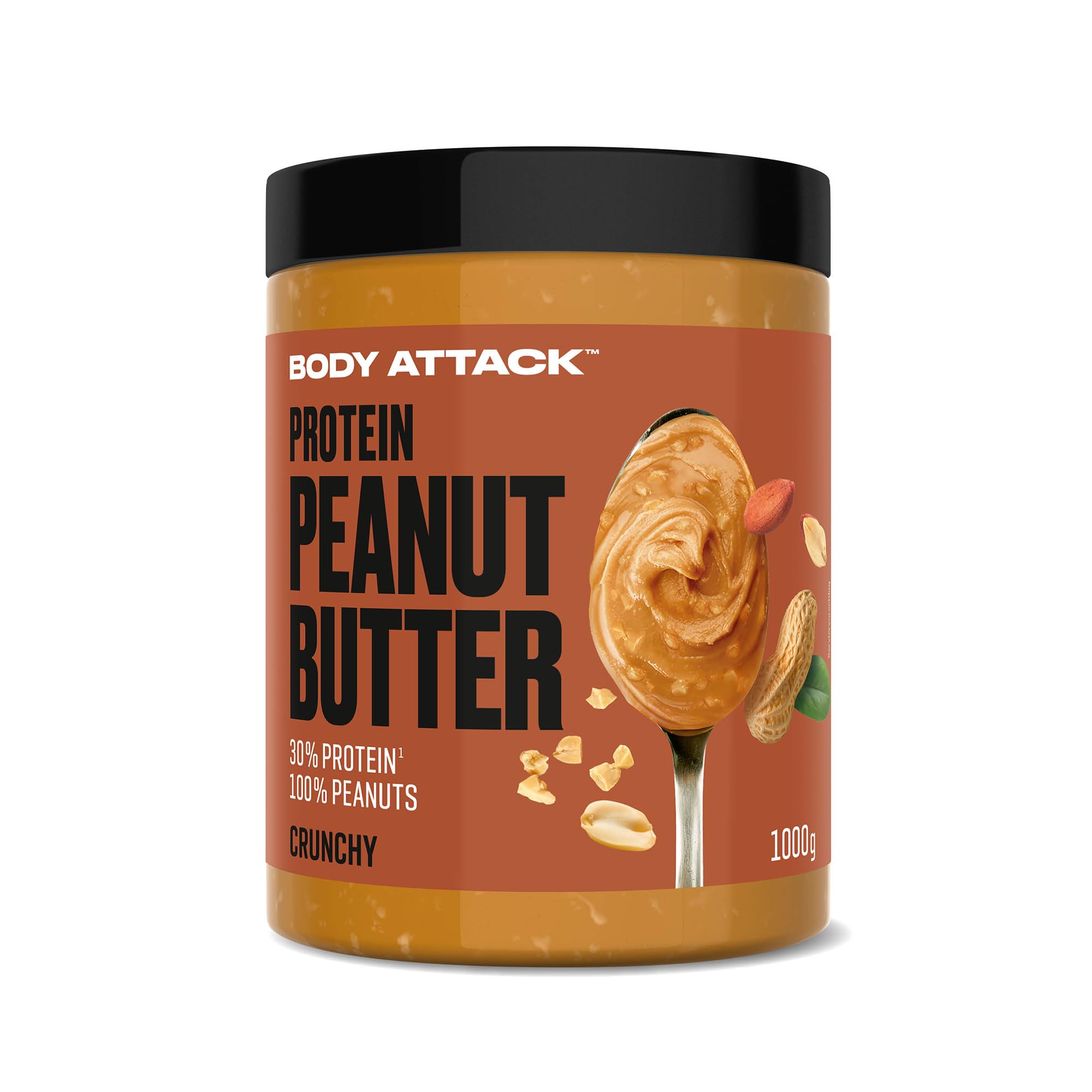 Body Attack beurre de cacahuète protéiné  1kg  pâte à tartiner sans sucre  sel ni graisse de palme - croquant  végétalien et naturel  à faible teneur en glucides avec 30% de protéines Croustillant