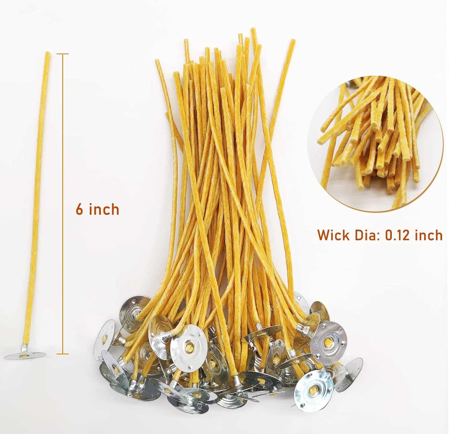 Nuozme 50 Piece 6" Cotton Candle Wicks,Pre-Waxed by 100% Beeswax & Tabbed with 60Pcs Candle Wick Stickers and 5 Pcs Wooden Candle Wick Centering Device, for Candle Making，Candle DIY