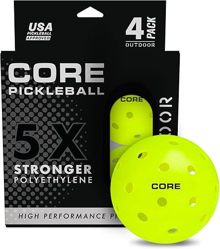 CORE - Pelotas de pickleball resistentes a las grietas para exteriores, juego de 4 bolas con 40 agujeros y etiqueta de bolsa, bolas de pepinillo