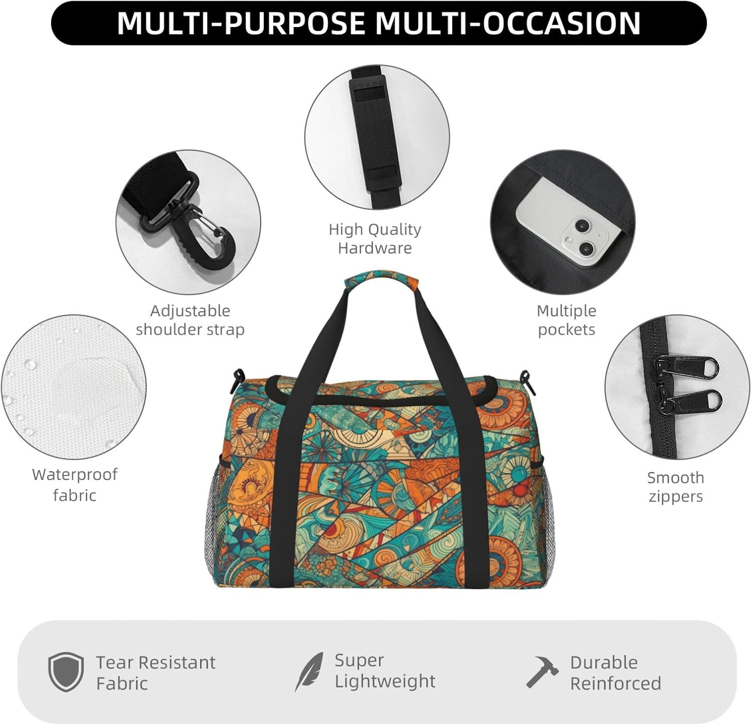 Hippie Patchwork Big Capacity Sports Gym Bag Portable Travel Duffle Bag, Vintage Elements Lightweight Weekender Workout Bag for Overnight, Unisex