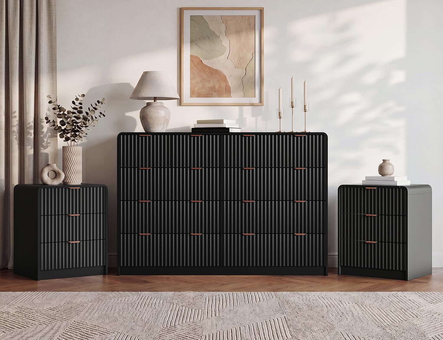 HOUROM Black Fluted 3-Piece Bedroom Set with Gold Handles