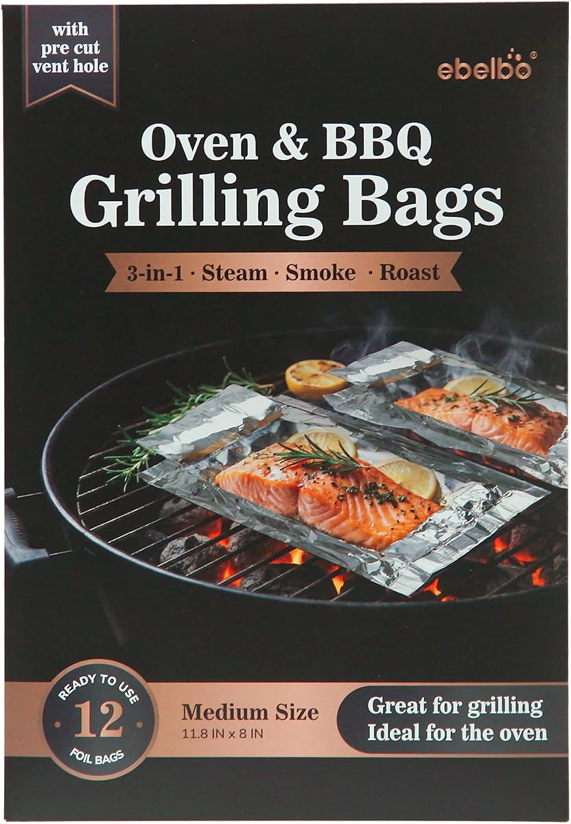 Bolsas para parrilla con orificio de ventilación precortado, tamaño mediano, de papel de aluminio, portátiles, desechables, para asar, asar, cocinar al vapor y ahumar, tamaño 11.8 x 8 pulgadas, 12 unidades, 1 paquete