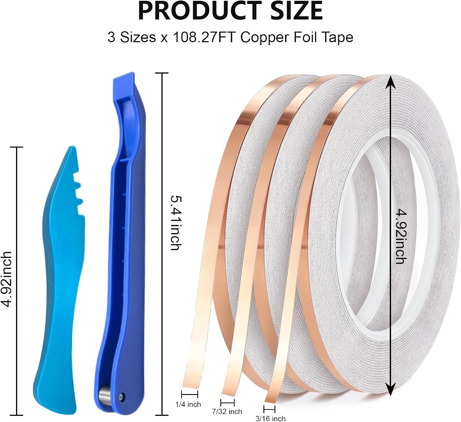 MVRPOWER Copper Foil Tape for Stained Glass Kit, 4 Rolls Conductive Copper Tape (3/16'',1/4'',2x7/32'') x108.27FT with 2 Tools