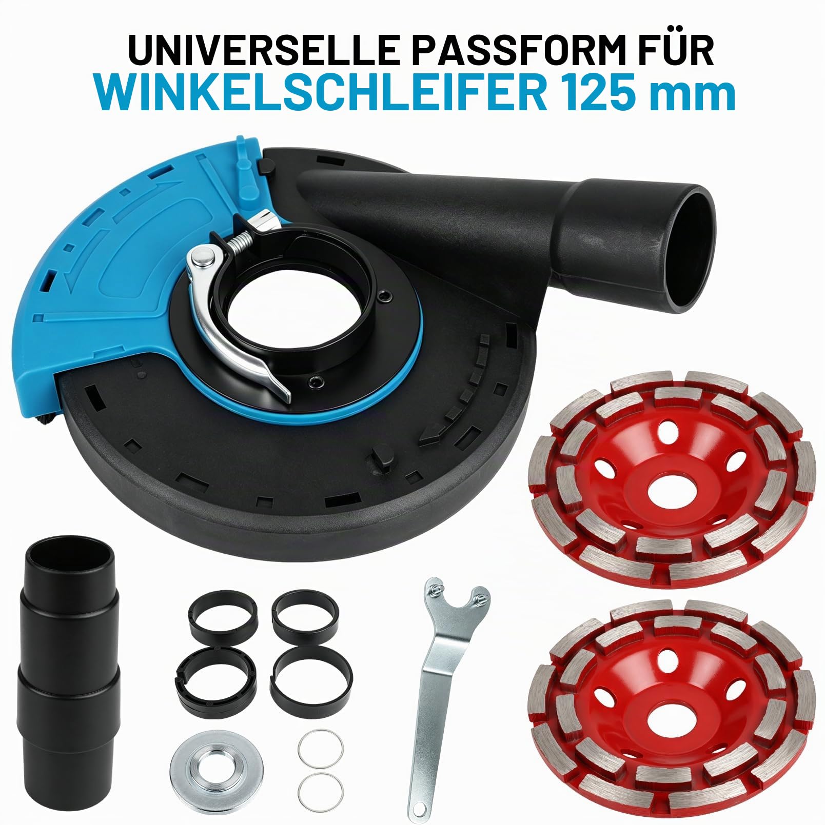 125/150 mm Diamant-Schleiftopf Set mit Absaughaube, Winkelschleifer Schleifscheiben Grob & Fein, Beton Schleifen Set mit Staubabsaugung, Adapter, Schlüssel & Zubehör für Stein, Fliesen, Beton