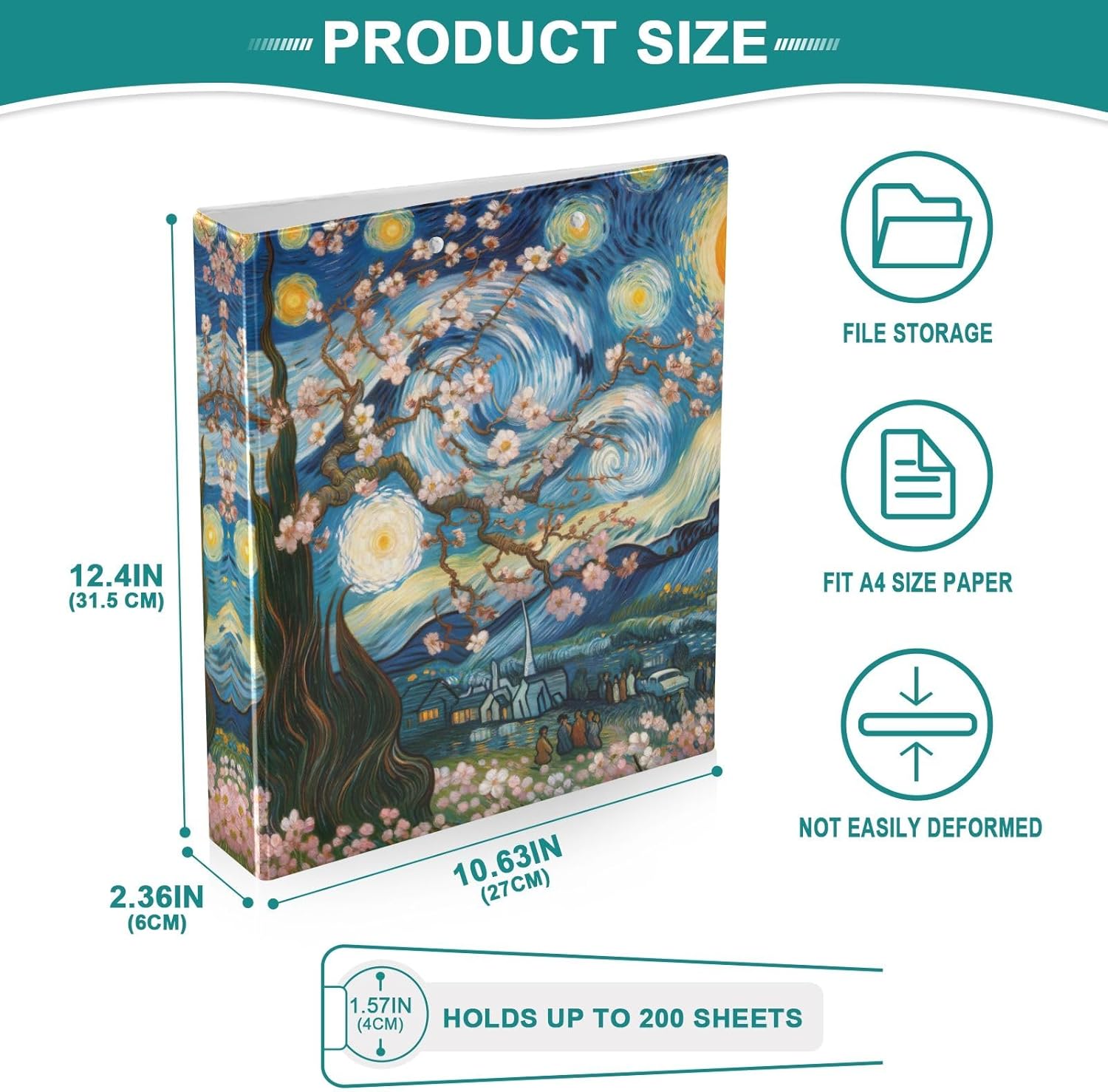 Almond Blossom in Starry Night 1.5 Inch 3 Ring Binder, D Ring Binder Holds 200 Sheets Decorative Cute Binder for School Supplies, 1 Pack