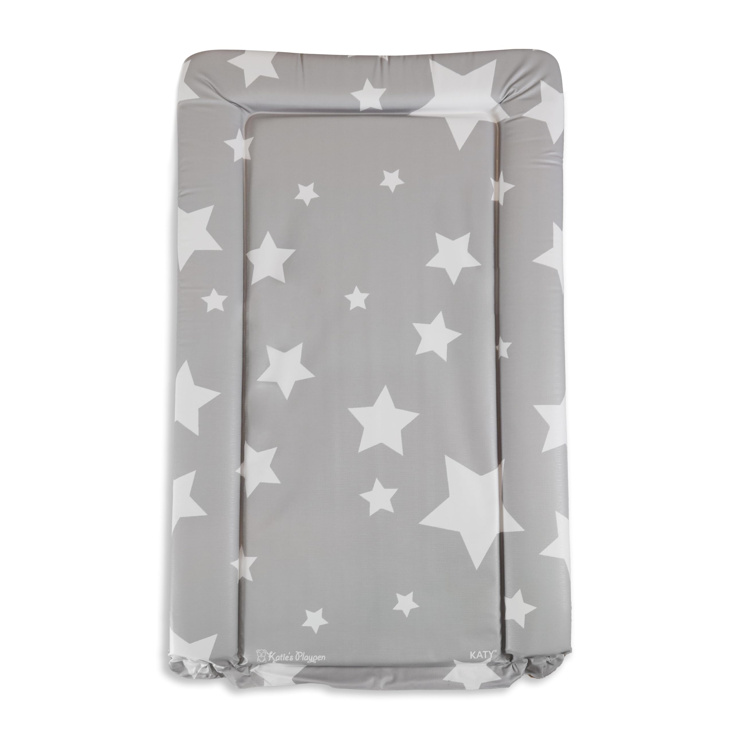 KATY Deluxe Baby Unisex Waterproof Wipeable Changing Mat with Raised Edges - Dark Grey with White Stars Design