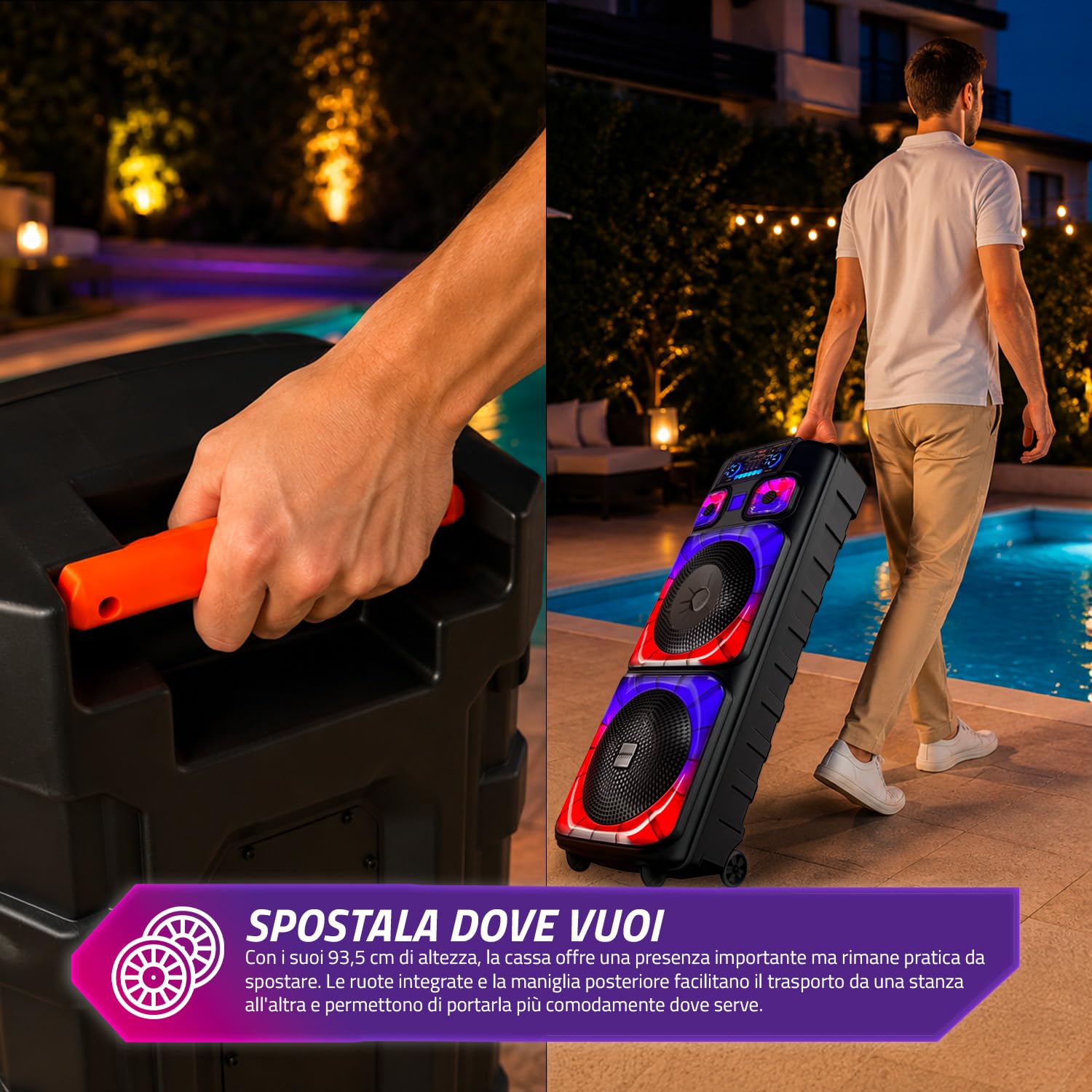 Avilia – Boîtier Bluetooth 800 W avec microphones sans fil, lumières LED RVB et télécommande | Haut-parleur portable puissant pour karaoké et fête, batterie rechargeable jusqu'à 8 heures d'autonomie