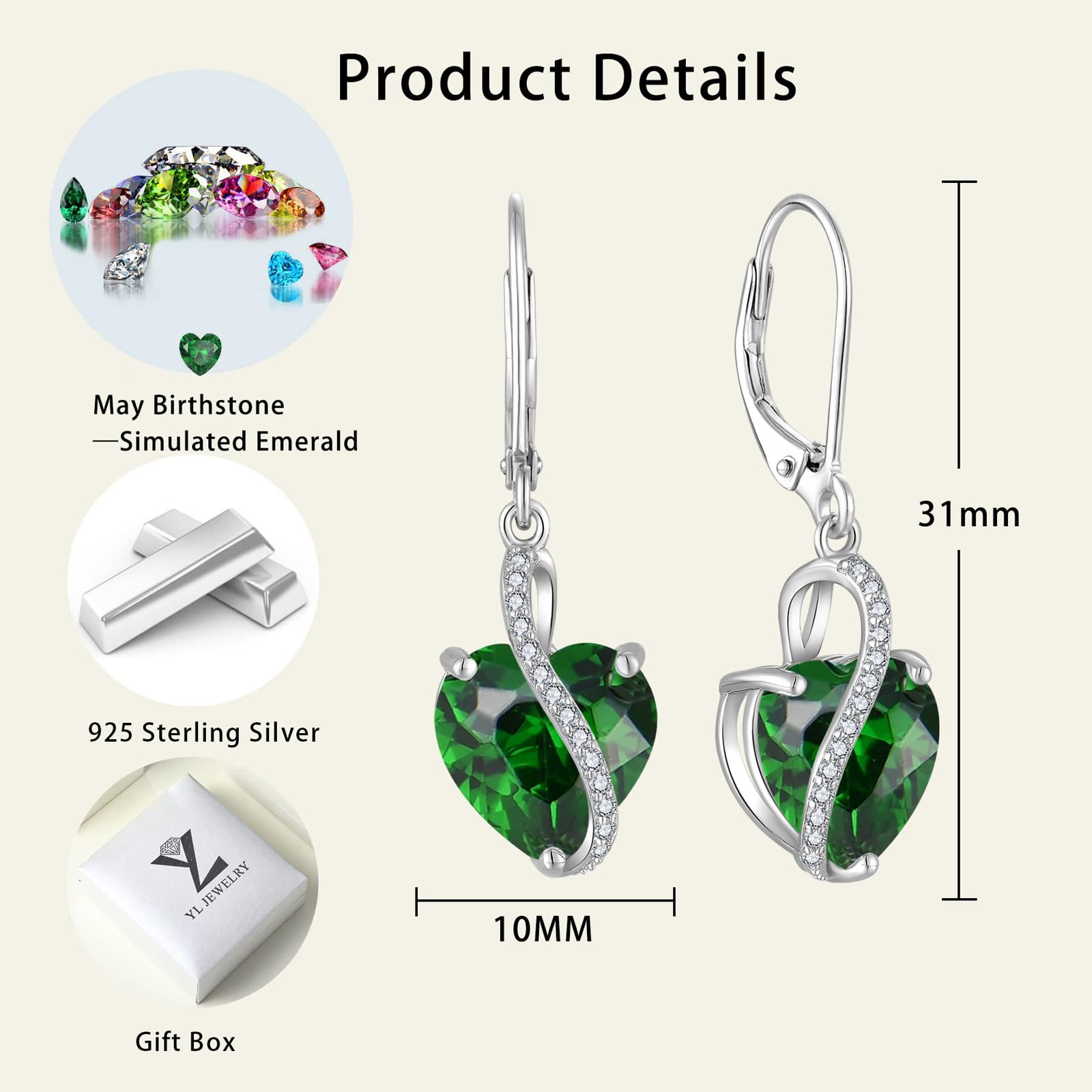YL Damen Herz Ohrringe 925 Sterling Silber Tropfenohrringe 12 Geburtsstein Zirkonia Schmuck Geschenke für Mutter Freundin Damen