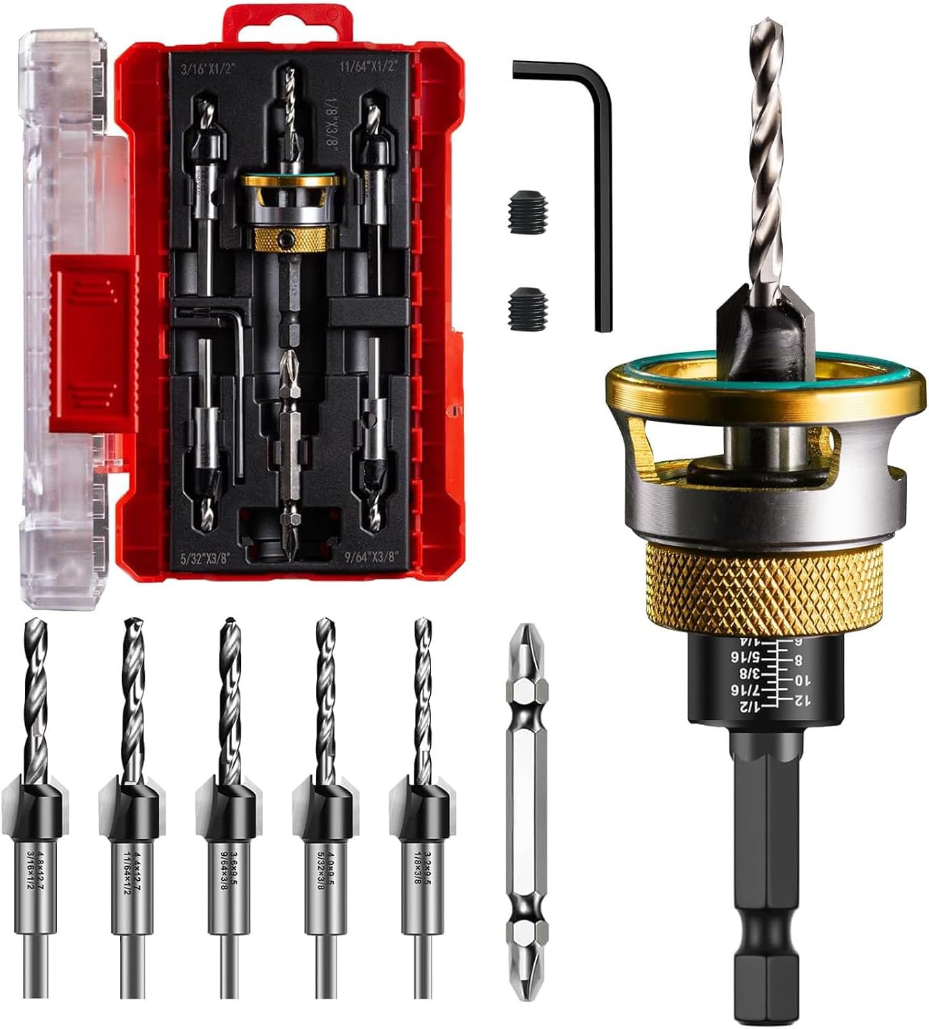 9 Pcs Countersink Drill Bit Set - 5 Pcs 2-Flute Countersink Drill Bit with Aluminum Alloy Depth Stop Collar, HSS Bearing Stopper Anti-Scratch, 82° Counterbores 1/4” Hex Shank for Woodworking