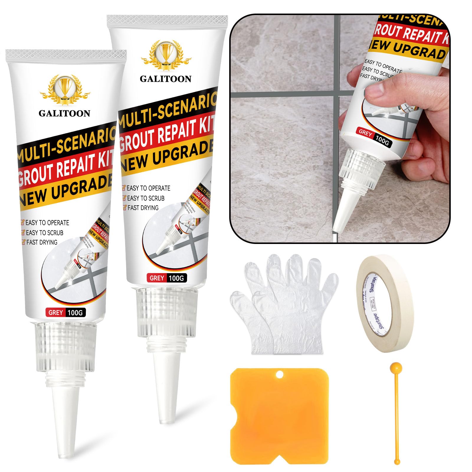 Tile Grout Repair Kit, 2 Pack Grout Filler, Fast Drying Tile Grout, Grout Sealer Bathroom Shower Kitchen Floor Tile, Restore and Renew Tile Joints Line, Gaps, Replace Grout Pen (Grey, 200G)
