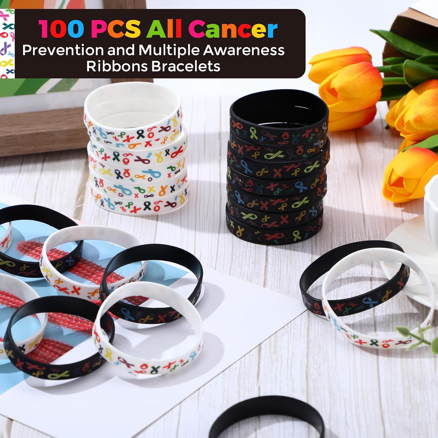 Soulchen Cancer Awareness Silicone Bracelets Bulk All Cancer Prevention and Multiple Awareness Ribbons Wristbands for Patients Family Friend Gifts Marathon Events Supplies