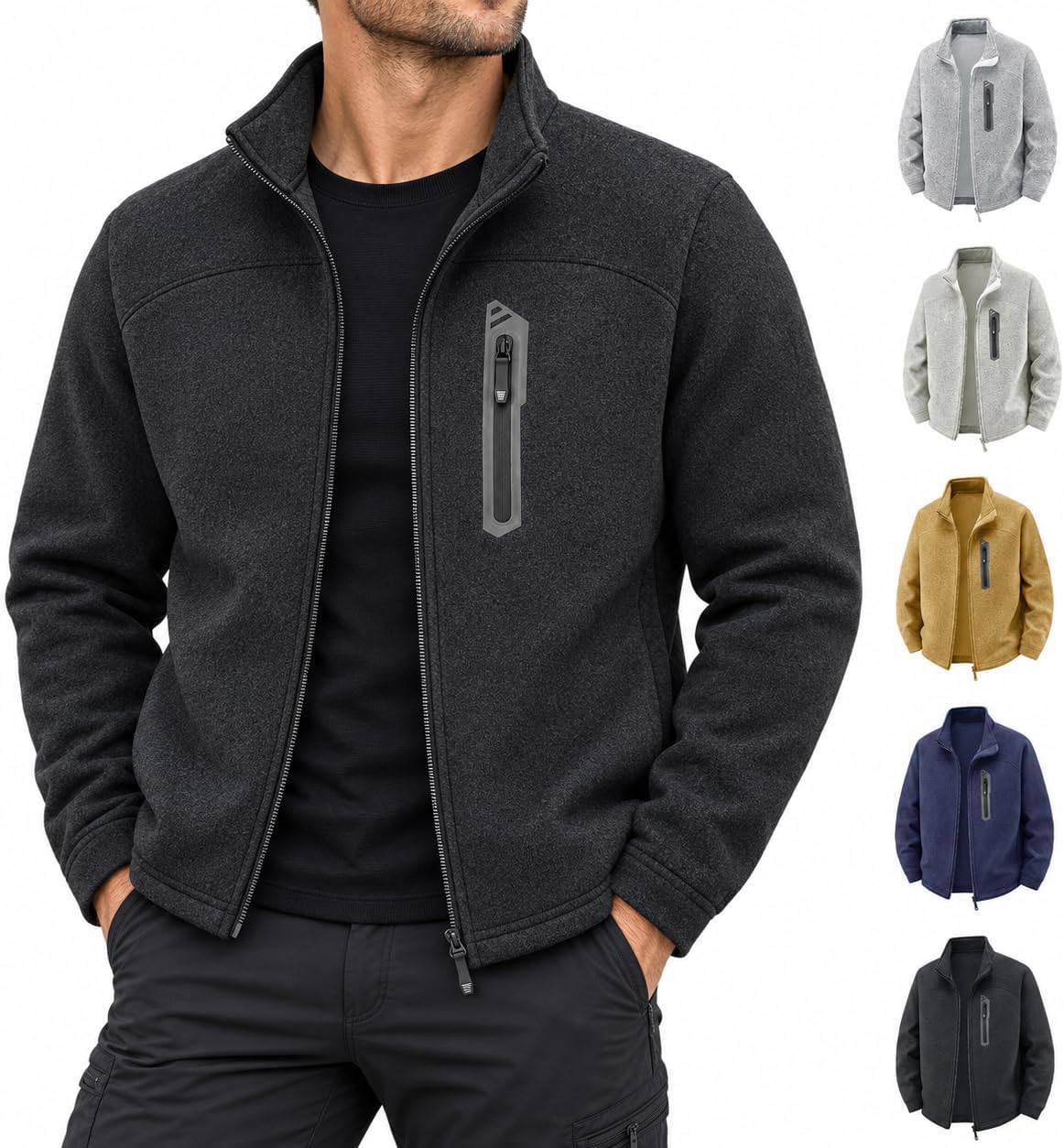 Men's Textured Full Zip Jacket Stand Collar Casual Long Sleeve Coat