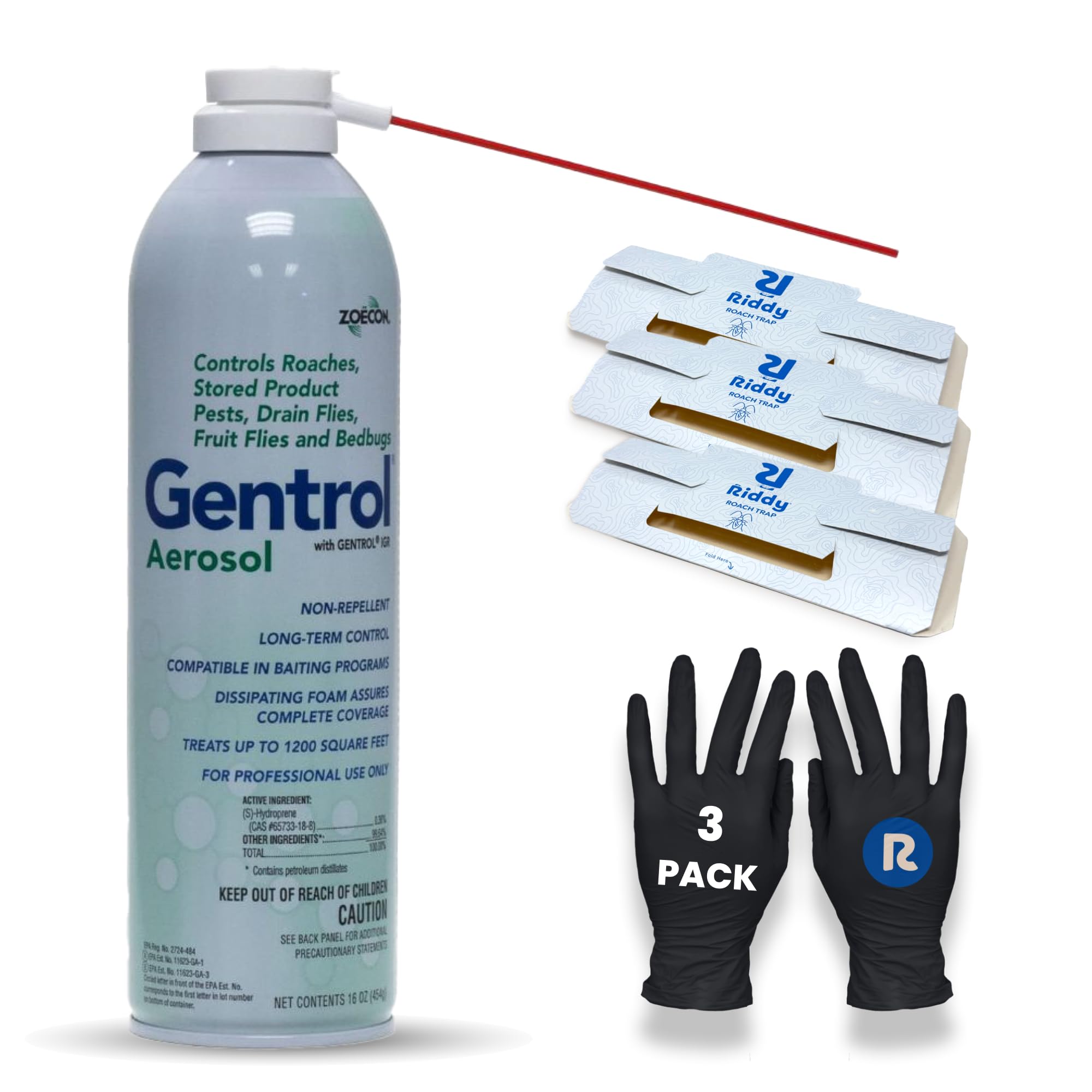 Gentrol Aerosol IGR 16 oz. Can, 3 Pack Riddy Cockroach Traps, 3 Riddy Nitrile Gloves Included, Complete Control Kit, Long-Lasting Protection