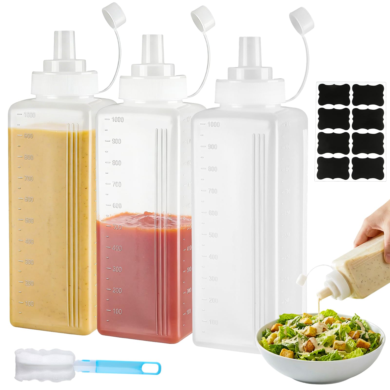 3 Stück Quetschflasche, 1000ML Breiter Mund Plastik Squeeze Flasche mit Kappen, Etiketten & Bürste, Saucenflasche Dosierflasche Kein Leck Spender für Ketchup Scharfe Soßen Olivenöl Malen