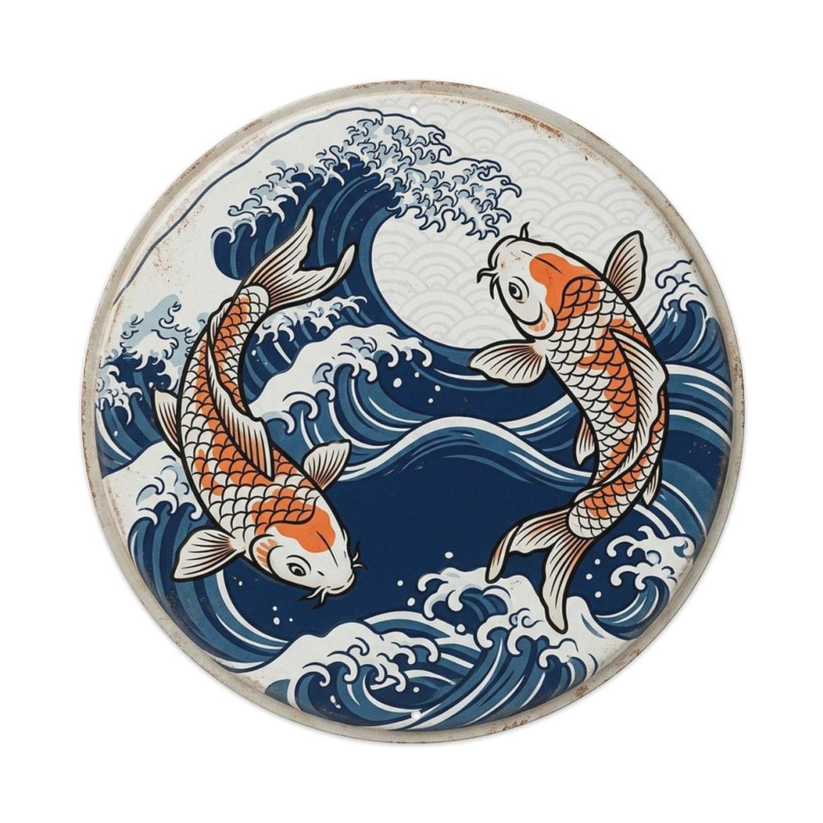 Oriental Koi Indigo Wave Crest Feng Shui Asian Water Metal Tin Sign Plaque Wall Decor for Cafe, Man Cave, Club Bar, Office, Home Garden Round Metal Poster 8x8Inch