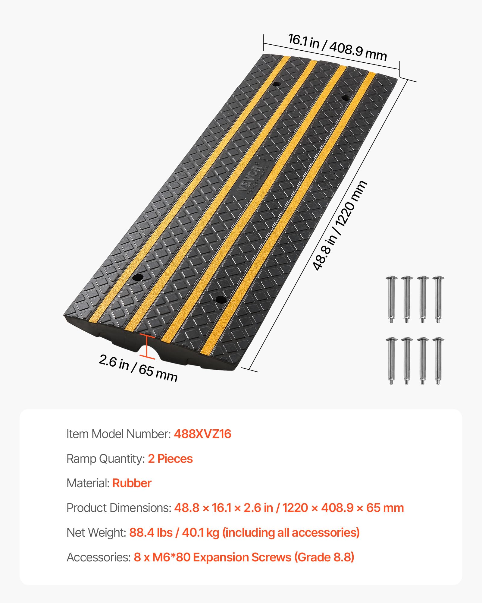 VEVOR Rampe de Trottoir, 65 mm, Rampe de Seuil en Caoutchouc, Lot de 2 Rampes d'Accès Antidérapantes, Charge 15 tonnes, avec Bandes Réfléchissantes Jaunes, pour Quai de Chargement, Entrepôt, Garage