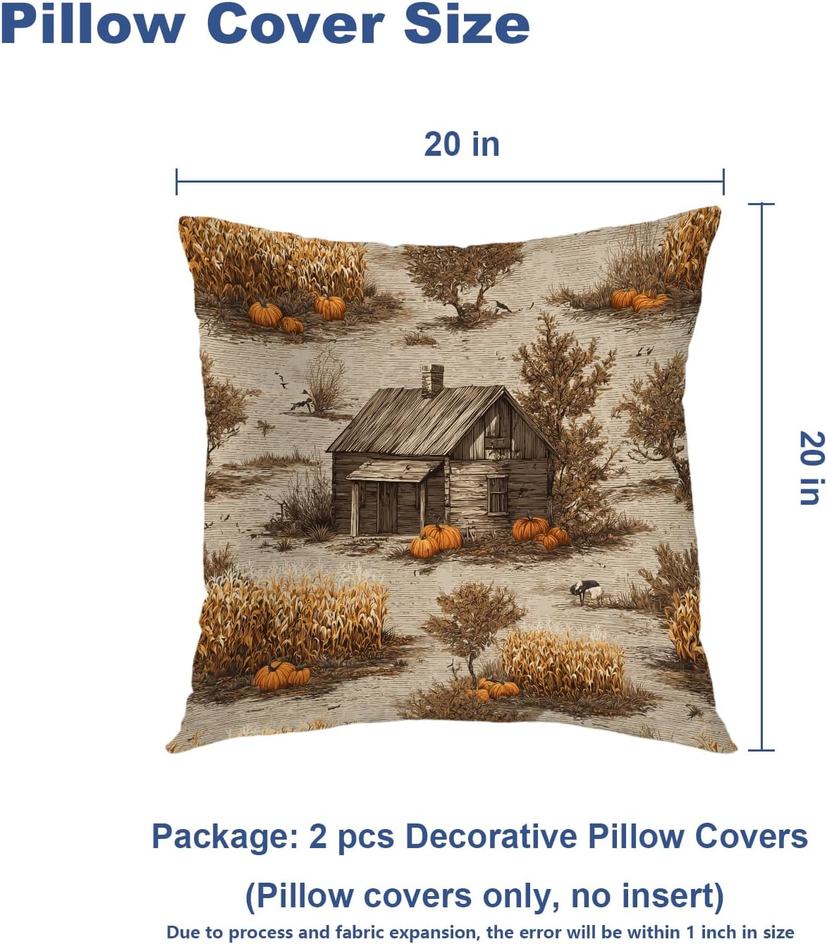 Batmerry Vintage Harvest Throw Pillow Covers, Cabin in Pumpkin Field Decorative Pillow Covers Digital Printing Blended Fabric for Couch Sofa Bed Invisible Zipper 20X20 in(Set of 2)