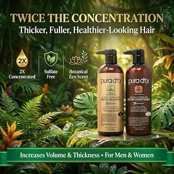 PURA D'OR Clinically Formulated Biotin Shampoo & Hair Regrowth Conditioner For Hair Thinning - 2X Concentrated Proprietary Thickening Blend For Women & Men, Sulfate Free, Botanical Zen Scent,16oz x2