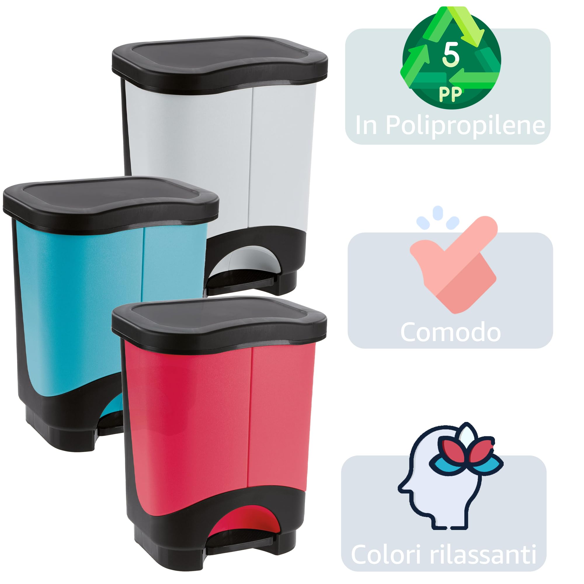 Sicignano | Cubo de basura con pedal multiusos – Papelera de recogida selectiva moderna, fácil apertura – ideal para casa, oficina, baño, cocina (negro/gris claro, 21 L)