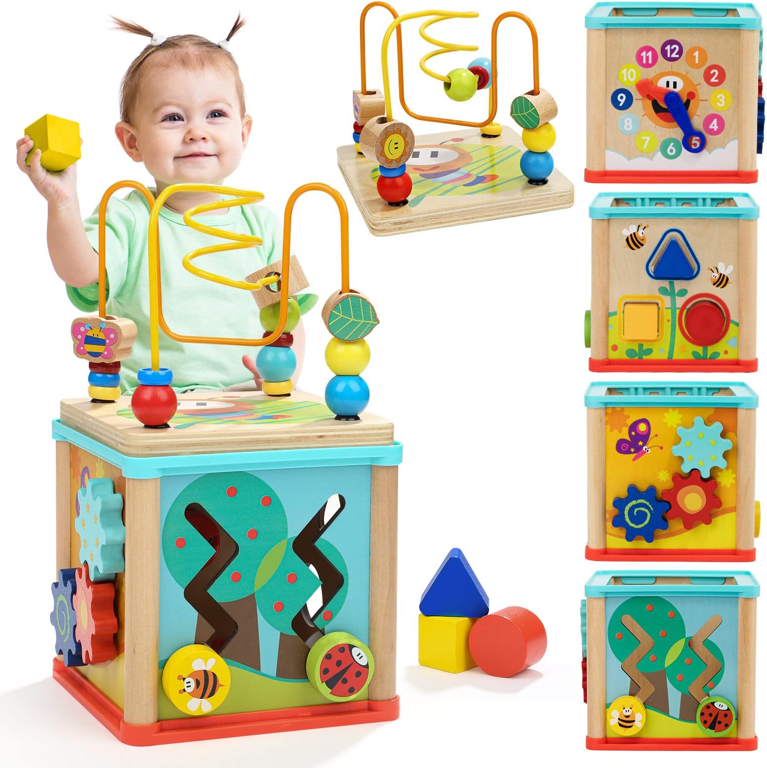 TOP BRIGHTMontessori Toys for 1 Year Old Boy Girl Toddlers, Wooden Activity Cube Toys, First Birthday Gift, Baby Toy for 12-18 Months with Bead Maze Shape Sorter