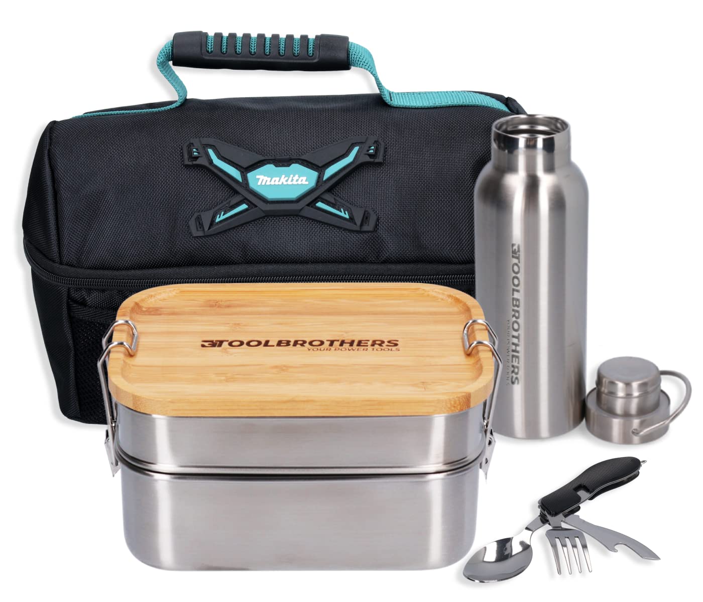 Toolbrothers Fan Lunchpaket mit Edelstahl Brotdose mit Bambus Deckel + Edelstahl Trinkflasche 500 ml + 4 in 1 Multifunktions Besteck + Marken-Kühltasche (Set mit 1340ml in 2 Etagen & Bambusdeckel)