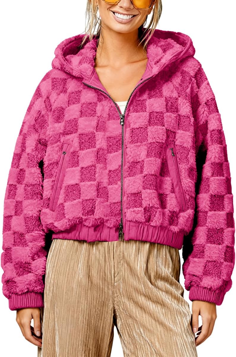 chouyatou Women's Winter Checkered Faux Fur Coat Fuzzy Fleece Plaid Hooded Zip Up Winter Warm Sherpa Jacket
