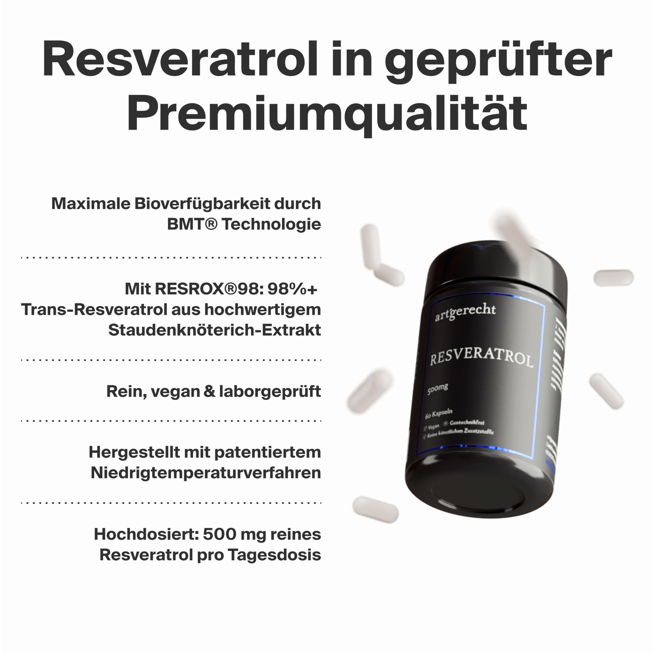 RESVERATROL 500 mg 60 Kapseln – Hochdosiertes Trans-Resveratrol mit BMT® Mikroverkapselung | Unterstützt Zellschutz, Herzgesundheit, Vitalität | Vegan, ohne Zusatzstoffe | Japanischer Staudenknöterich