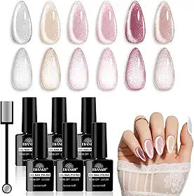 Esmalte de gel olho de gato EABNKU, 6 peças de esmalte de gel de gato brilhante magnético diamante nude rosa prata veludo catye com bastão magnético, cura UV LED, absorção