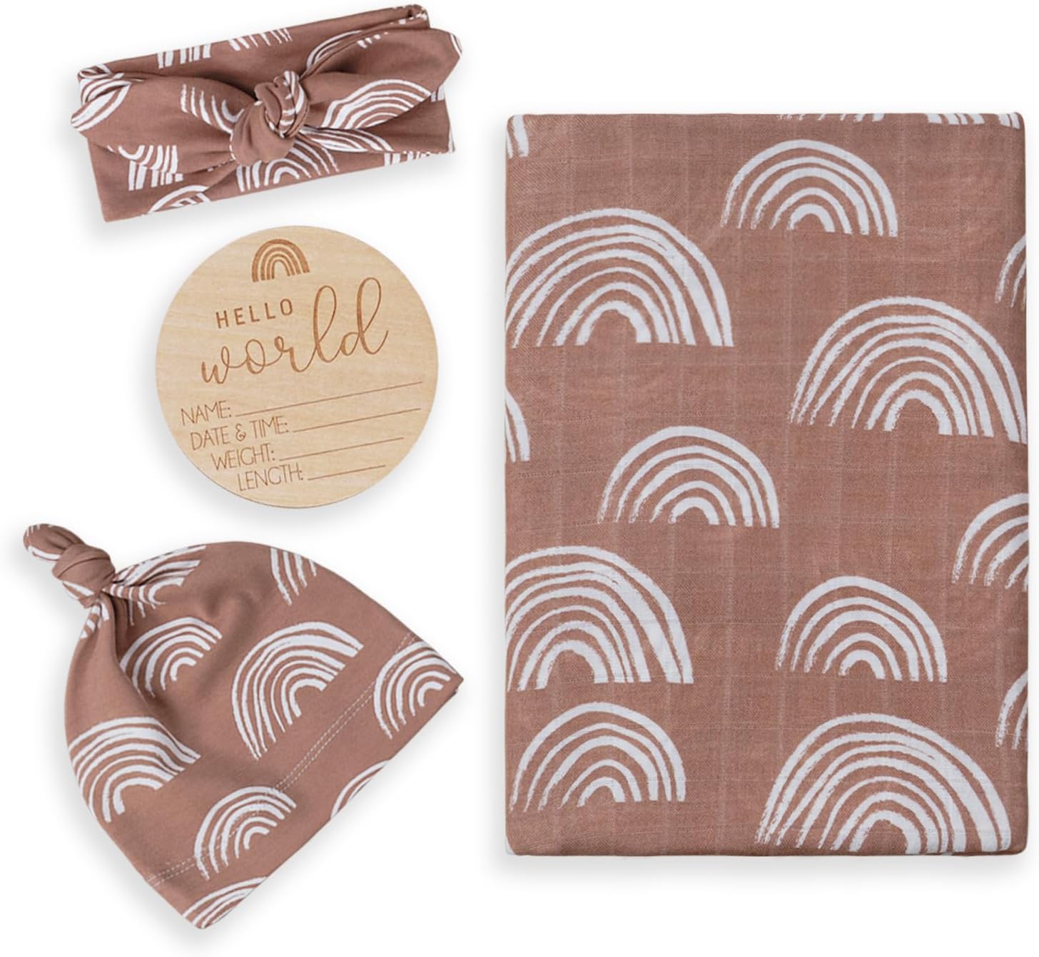 BabyWhale Muslin Swaddle Blanket with Hat and Headband Bow, Boho Rainbow Pattern Swaddle Set for Baby Boys & Girls, Unisex Silky Soft Breathable Receiving Wrap, 47x47 inches, Brown