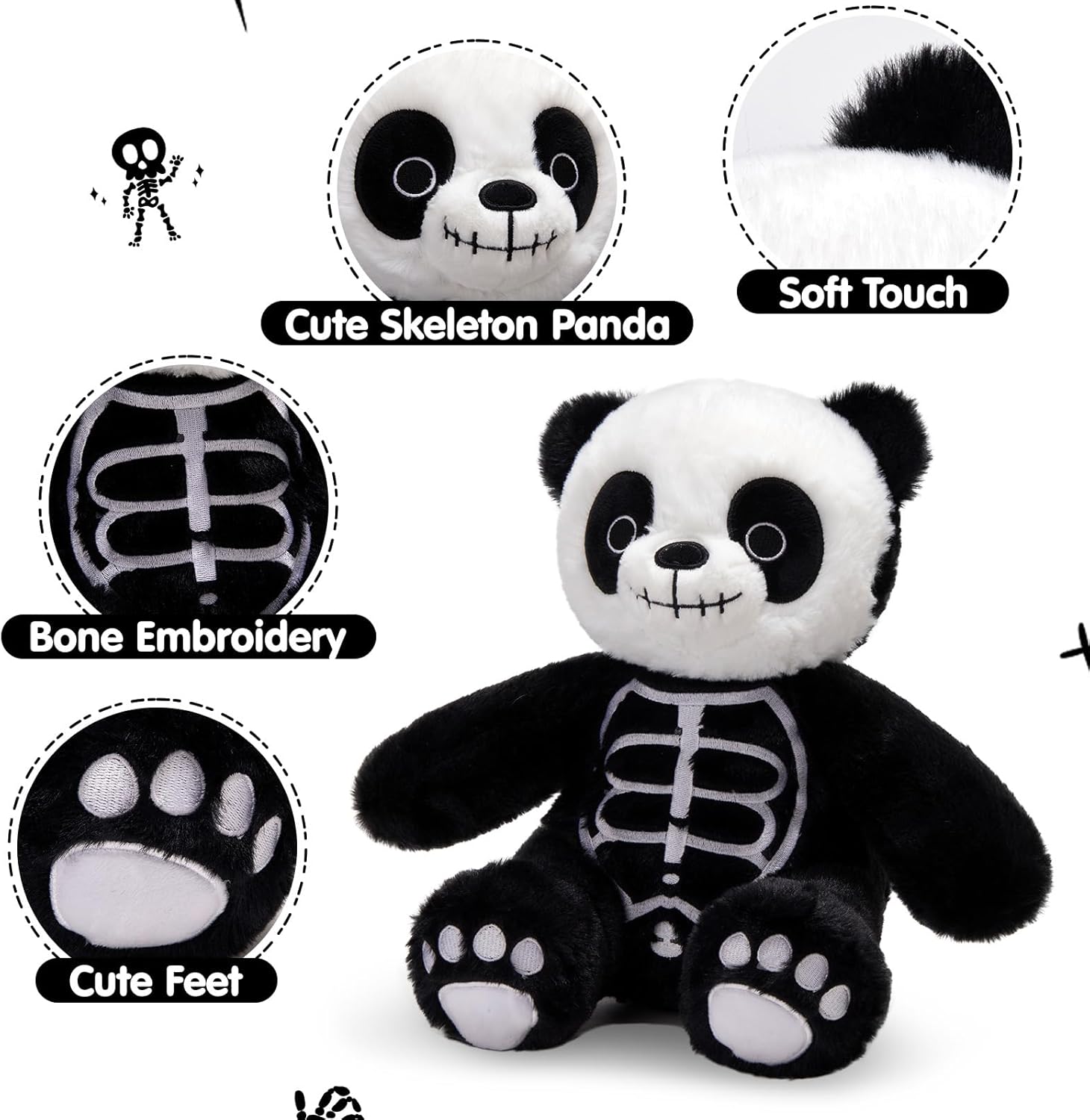Houwsbaby 12" Skeleton Panda Spooky Stuffed Animal Big Panda Bear Plush Doll for Halloween, Easter, Christmas, or Birthday Gifts, Scary Cute Design