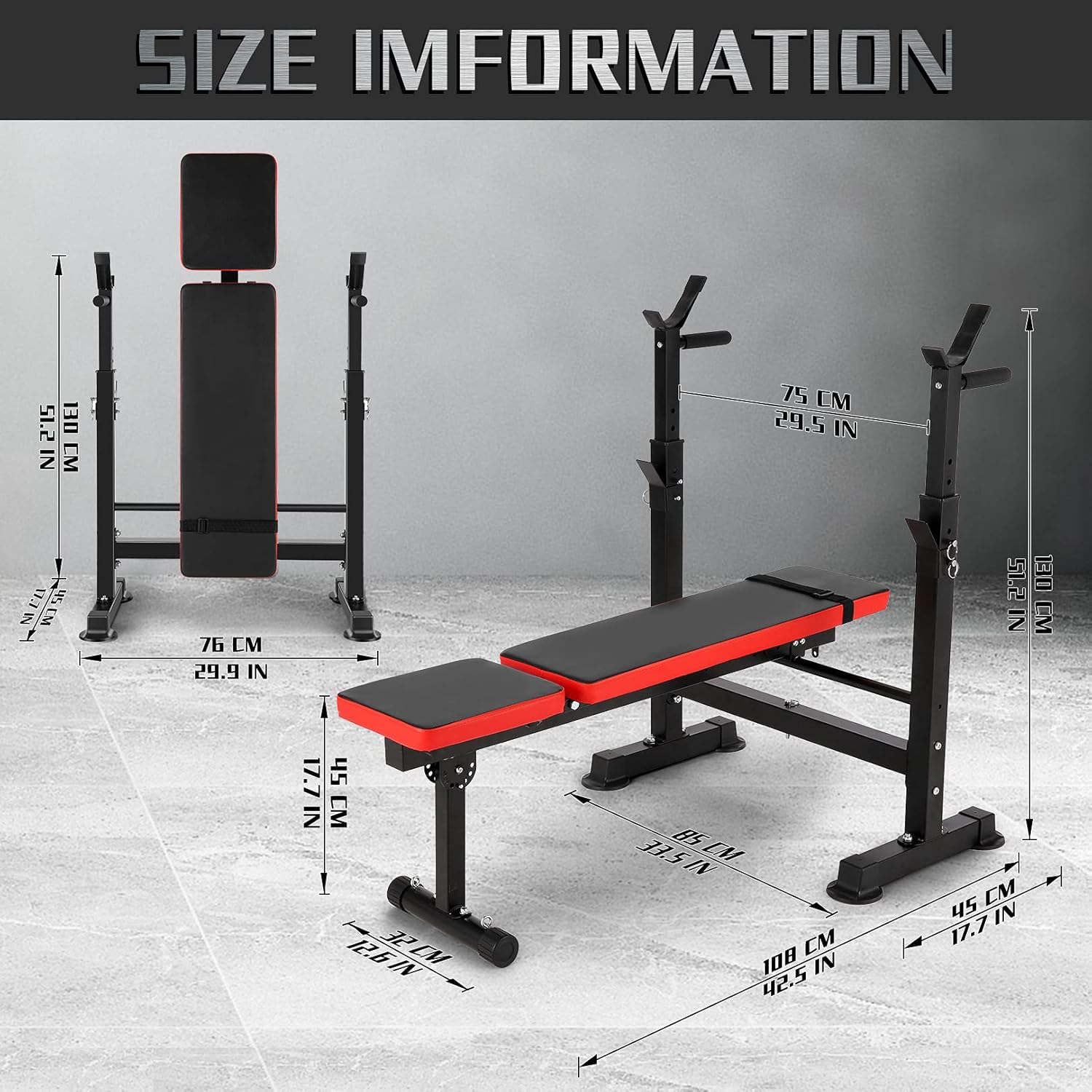 Adjustable Folding Weight Bench,Strength Training Bench for Full Body Workout,Fitness Barbell Rack and Weight Bench for Home Gym (Red)