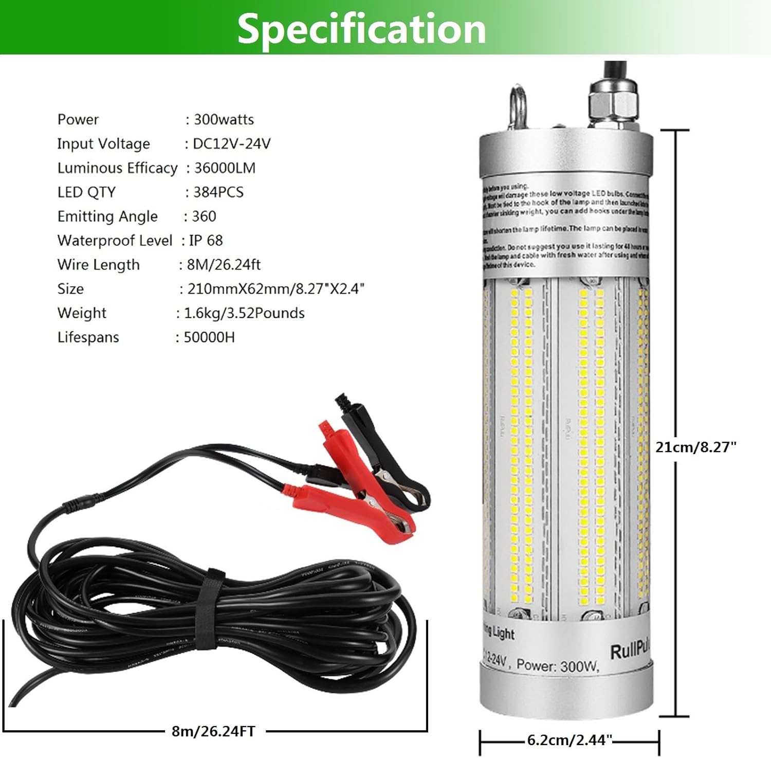 Underwater Fishing Light, 300W 36000lm Super Bright, 12V-24V LED Submersible Lamp Attractants for Docks Boats Kayaks, IP68 Rated for Fresh & Salt Water